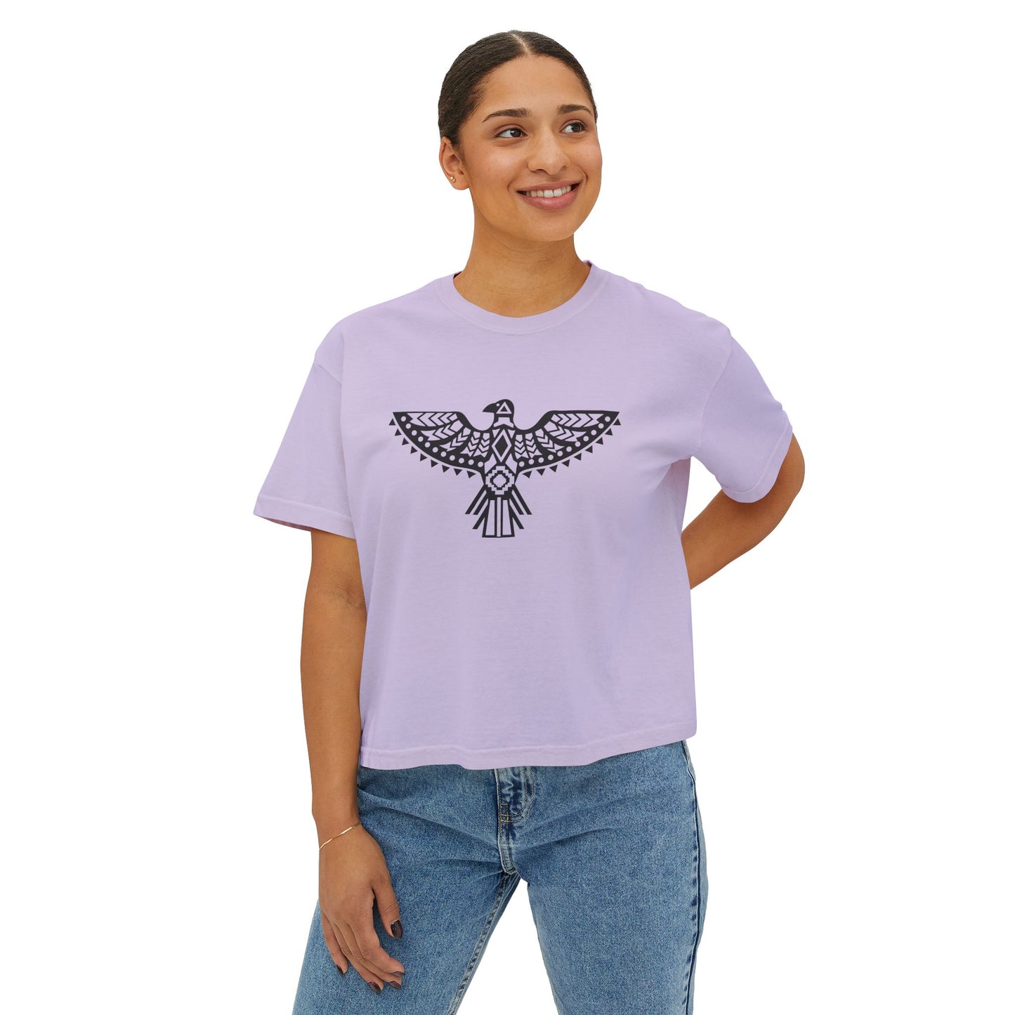 Women's Boxy Tee with Native Bird Design - Casual & Comfortable Fashion