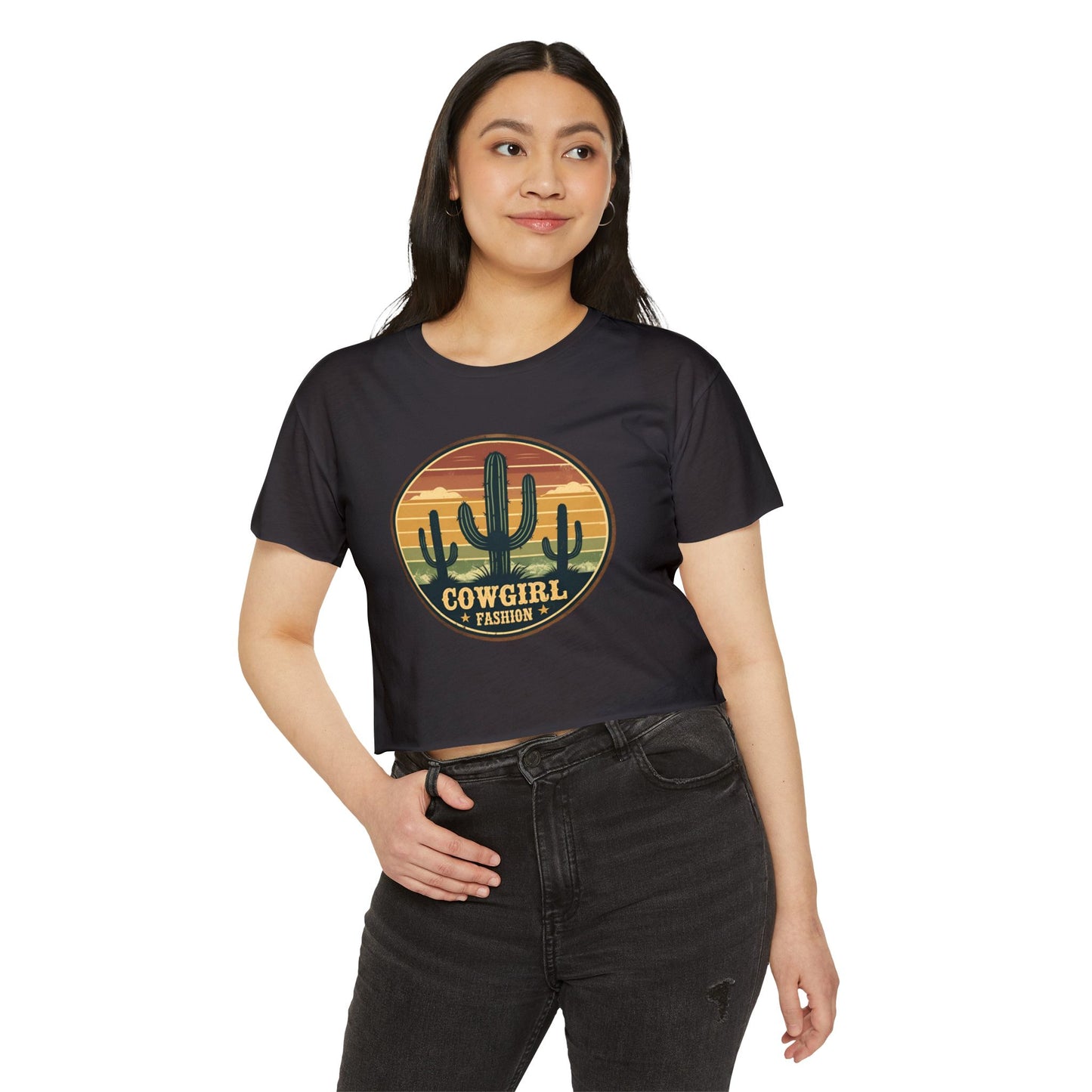 Rustic Horizon Cactus Women's Festival Crop Top - Boho Chic Graphic Tee for Music & Art Lovers