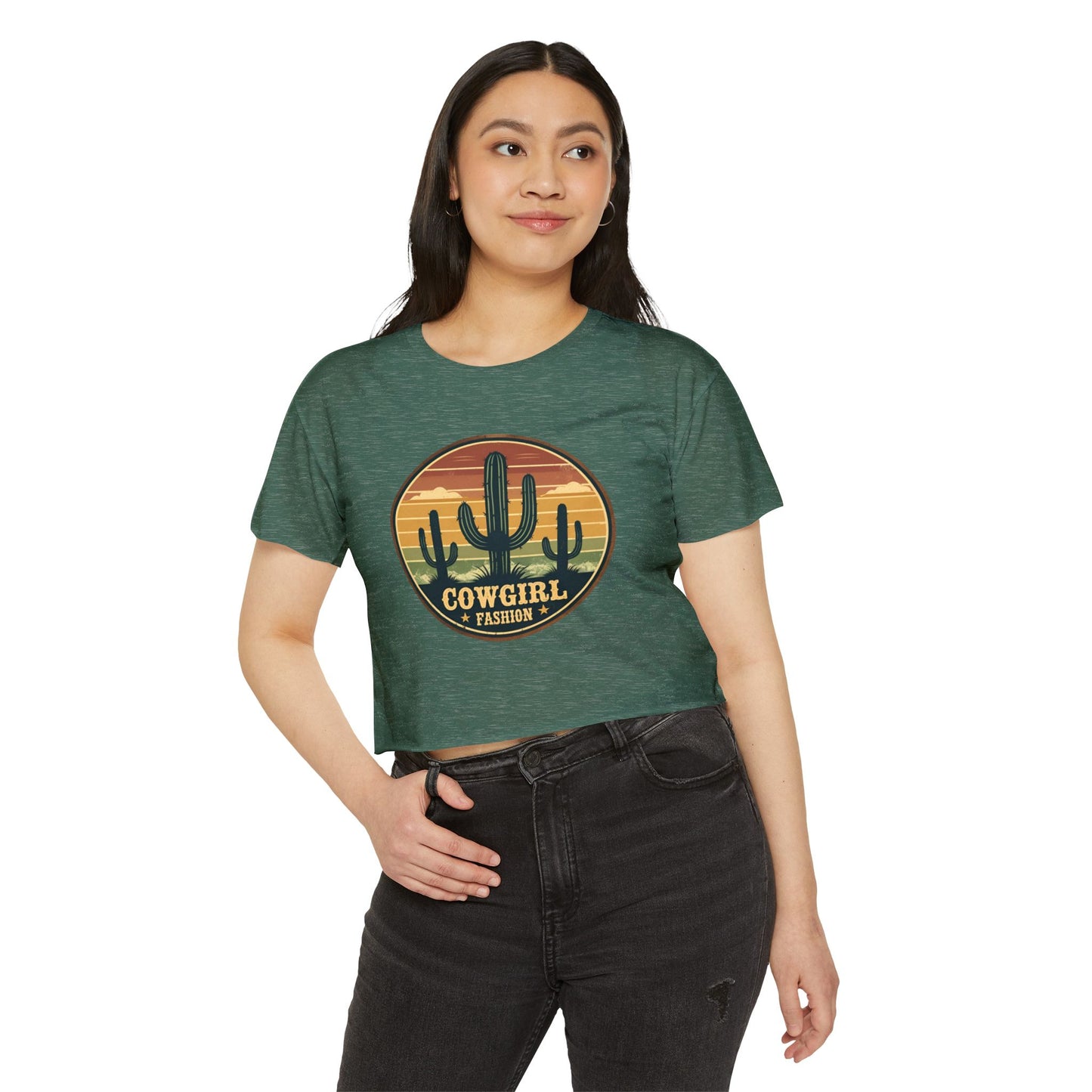 Rustic Horizon Cactus Women's Festival Crop Top - Boho Chic Graphic Tee for Music & Art Lovers