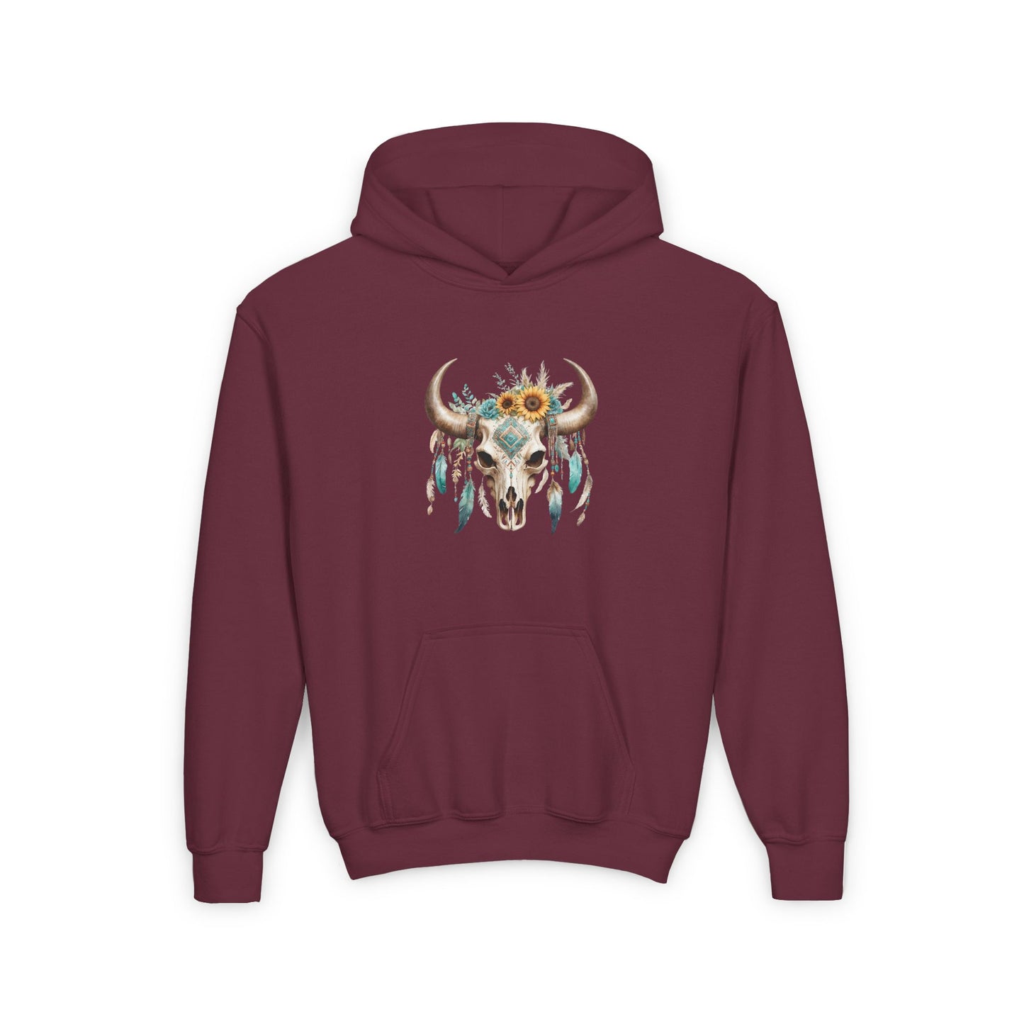 SKULL AND FEATHERS COWGIRL Youth Heavy Blend Hooded Sweatshirt