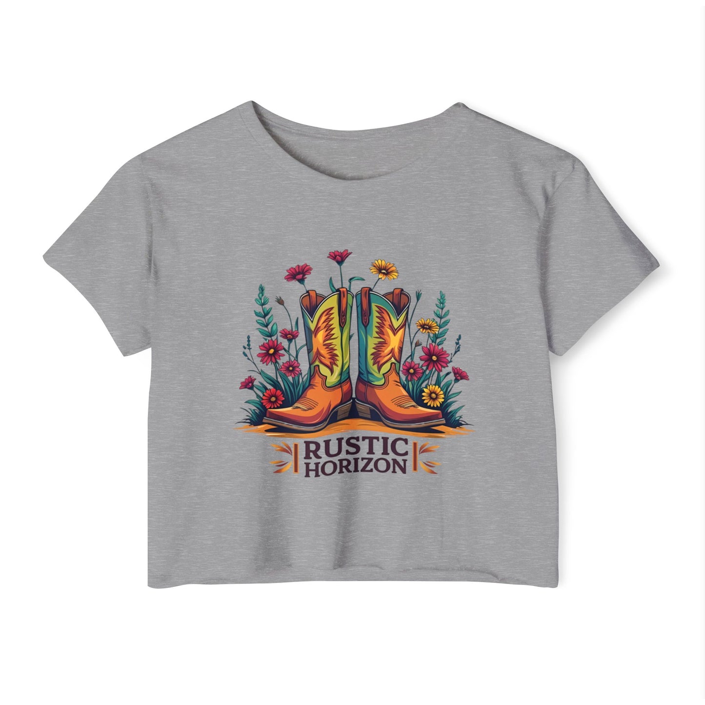 Rustic Horizon Boots & Flowers Women's Festival Crop Top - Boho Chic Graphic Tee for Music & Art Lovers