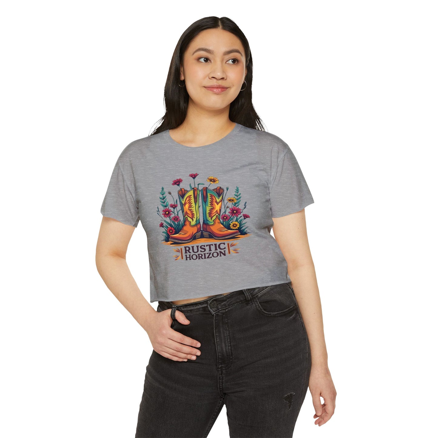 Rustic Horizon Boots & Flowers Women's Festival Crop Top - Boho Chic Graphic Tee for Music & Art Lovers