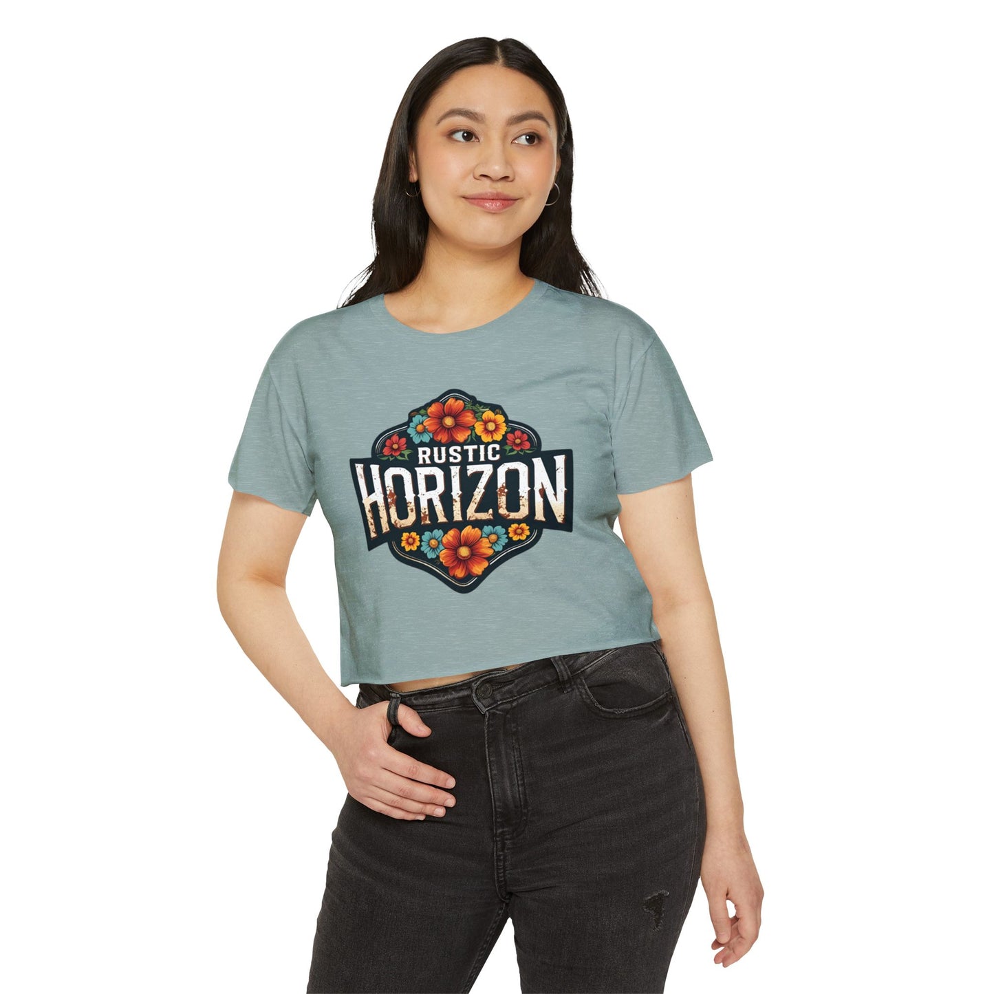 Rustic Horizon Flowers Women's Festival Crop Top - Boho Chic Graphic Tee for Music & Art Lovers
