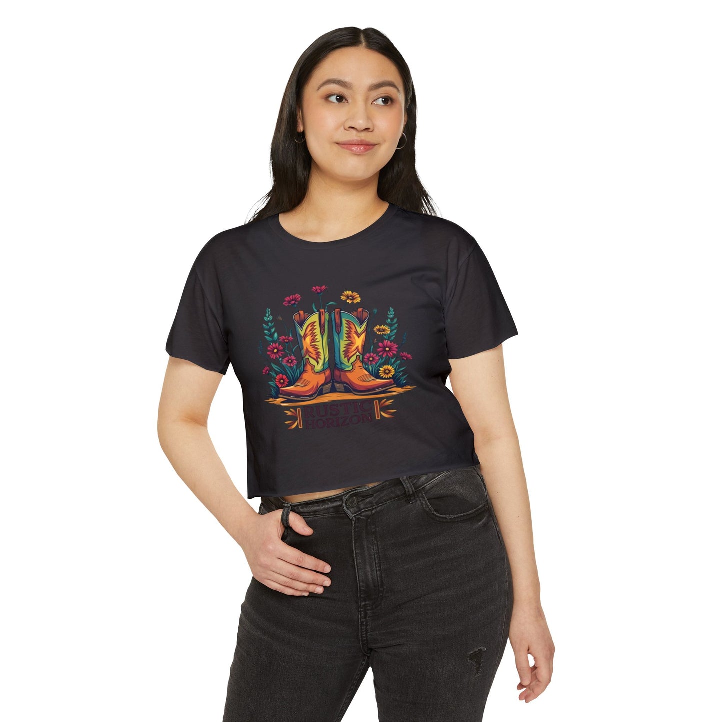 Rustic Horizon Boots & Flowers Women's Festival Crop Top - Boho Chic Graphic Tee for Music & Art Lovers
