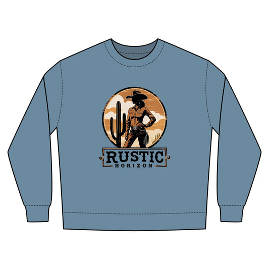 Cowgirl Unisex Rustic Horizon Rodeo Sweatshirt, Unisex Casual Crewneck, Western Style Pullover, Perfect for Fall, Gift for Rodeo Fans