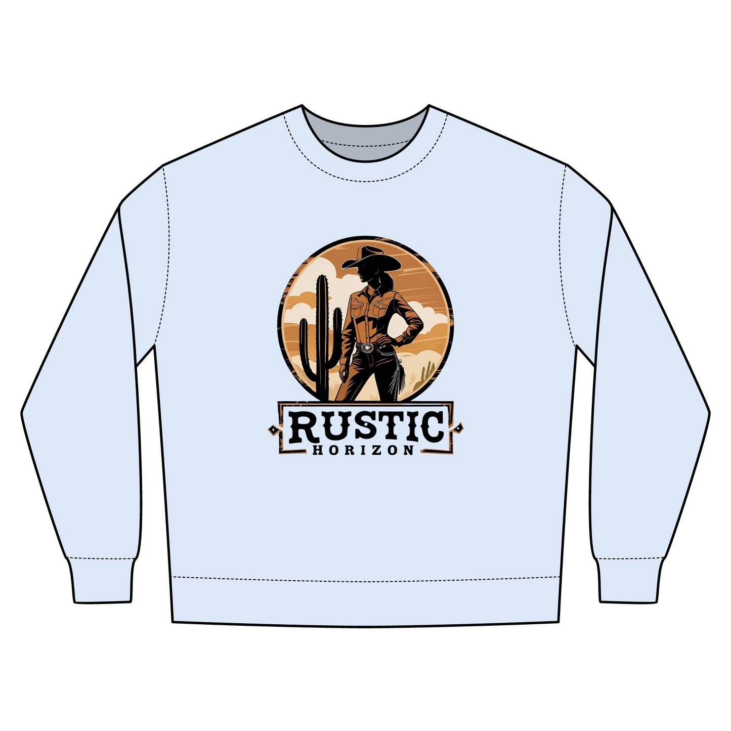 Cowgirl Unisex Rustic Horizon Rodeo Sweatshirt, Unisex Casual Crewneck, Western Style Pullover, Perfect for Fall, Gift for Rodeo Fans