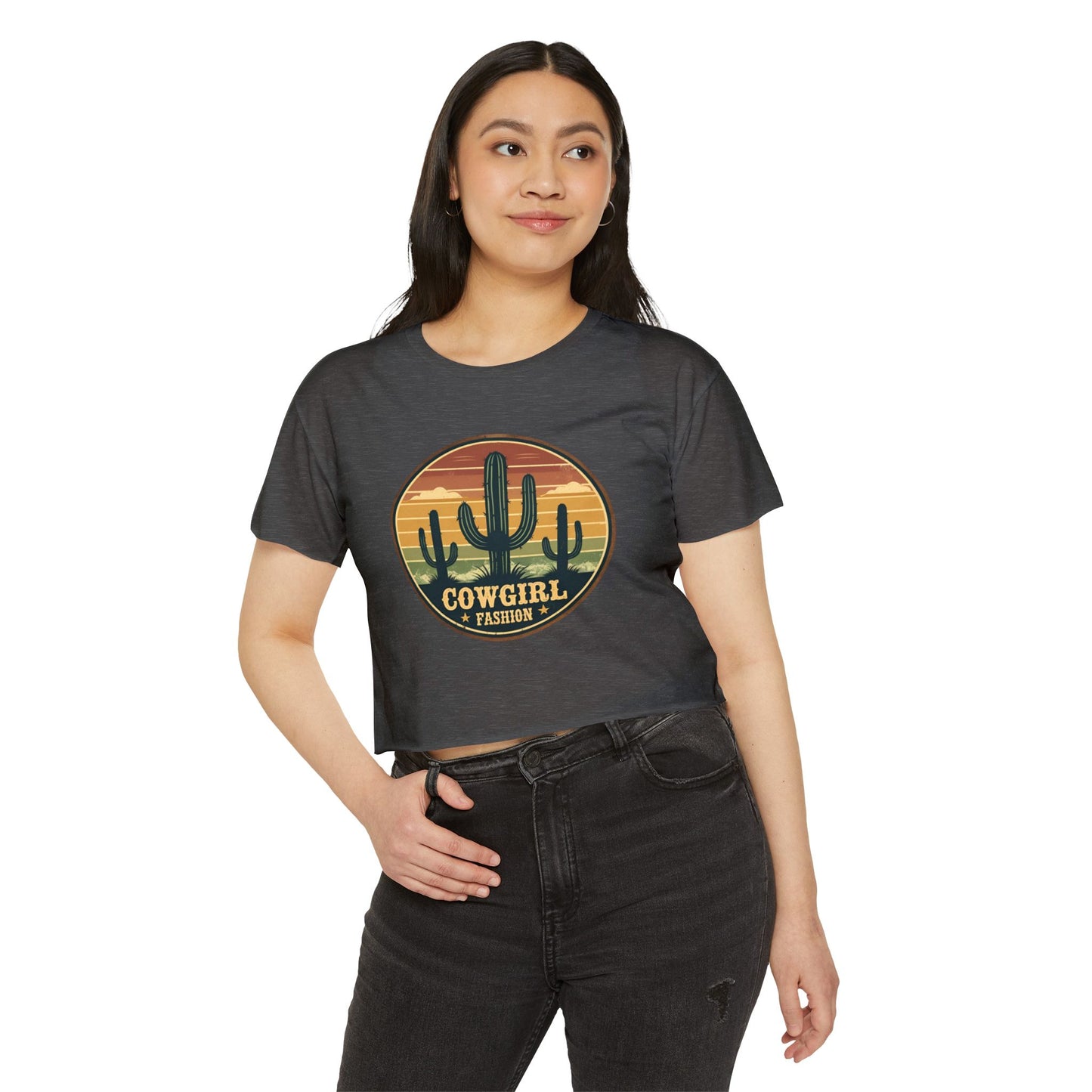 Rustic Horizon Cactus Women's Festival Crop Top - Boho Chic Graphic Tee for Music & Art Lovers