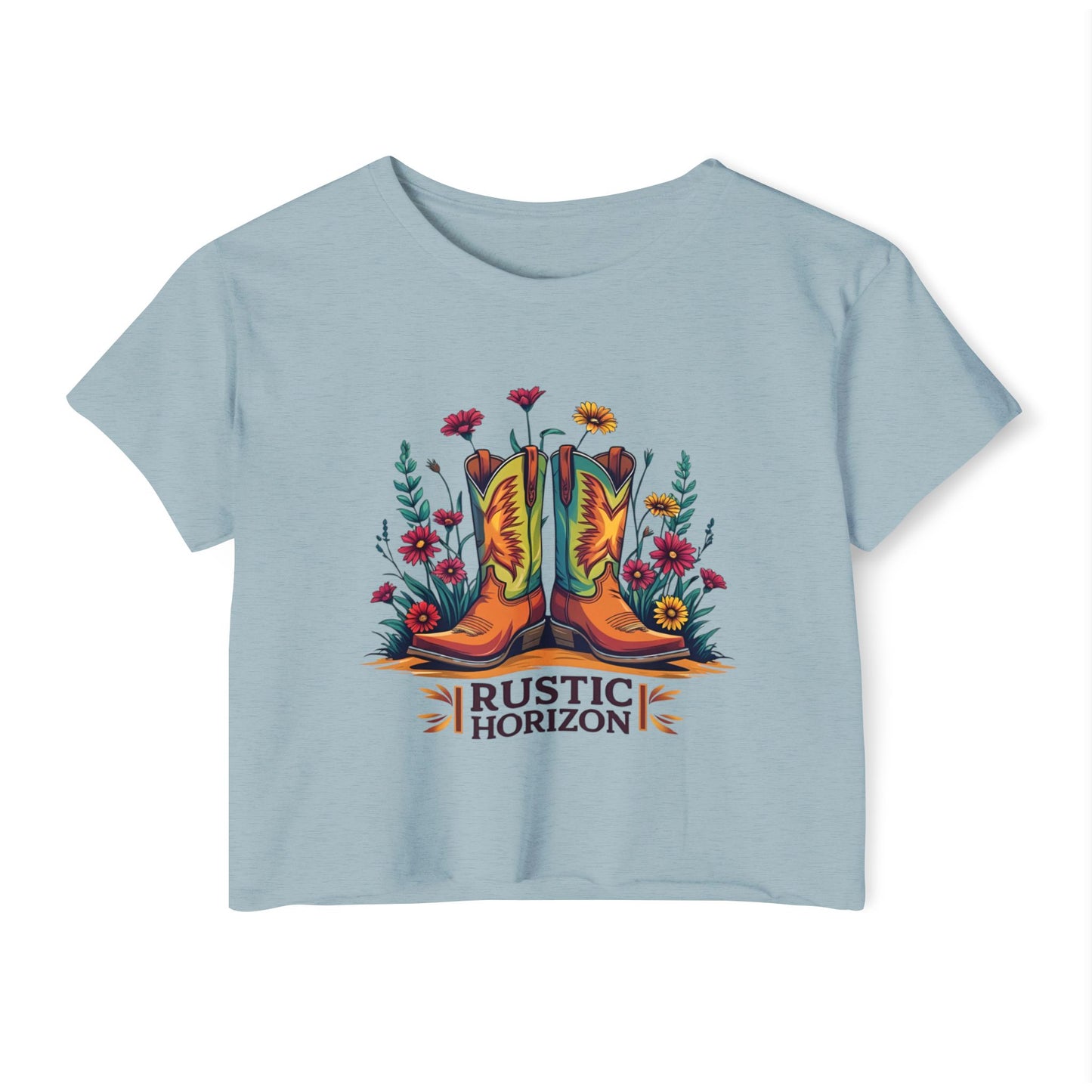 Rustic Horizon Boots & Flowers Women's Festival Crop Top - Boho Chic Graphic Tee for Music & Art Lovers