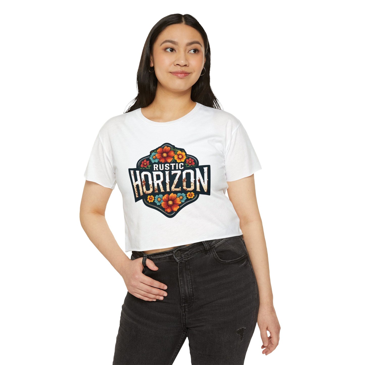 Rustic Horizon Flowers Women's Festival Crop Top - Boho Chic Graphic Tee for Music & Art Lovers