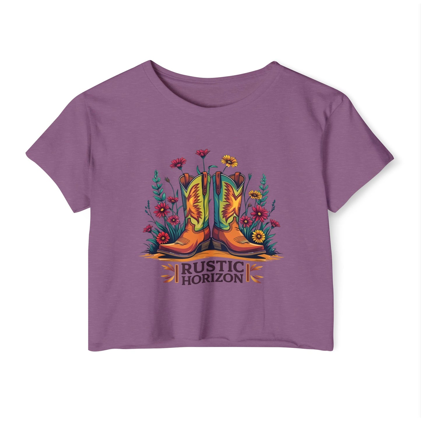 Rustic Horizon Boots & Flowers Women's Festival Crop Top - Boho Chic Graphic Tee for Music & Art Lovers