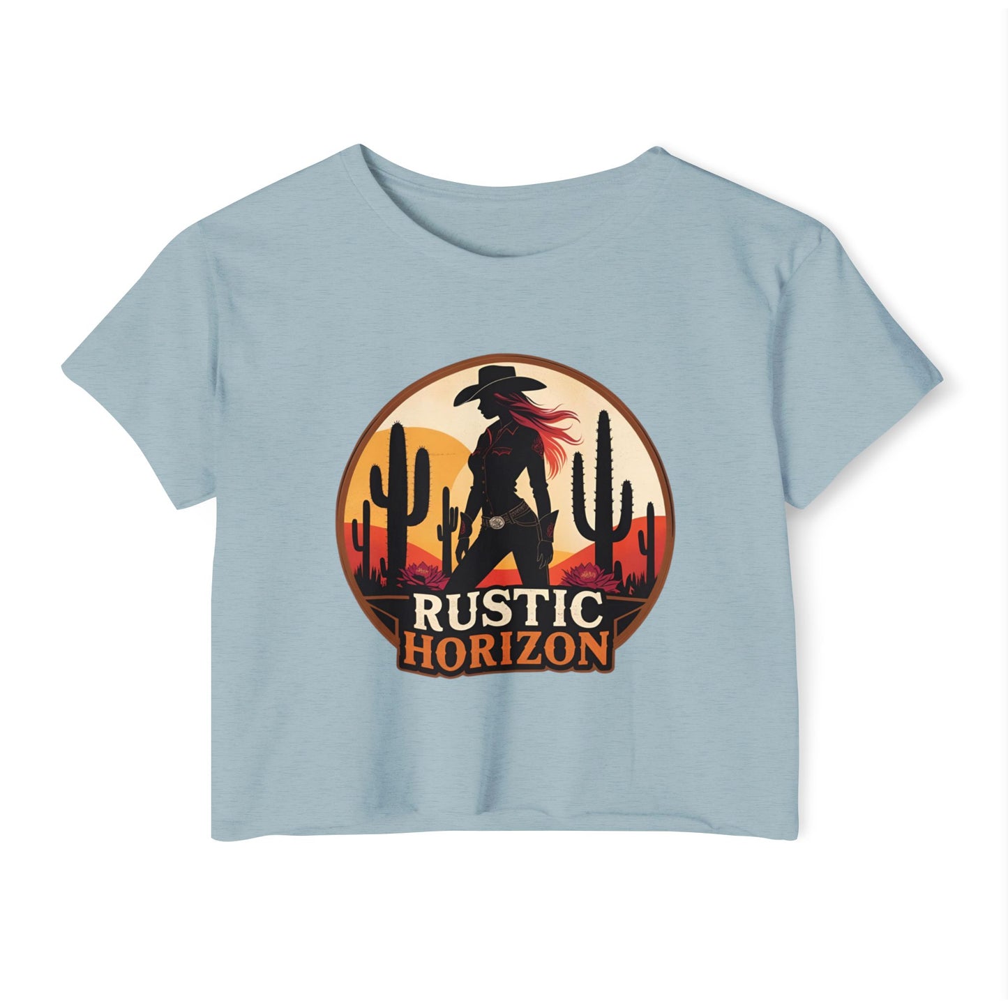 Rustic Horizon Cowgirl Women's Festival Crop Top - Boho Chic Graphic Tee for Music & Art Lovers