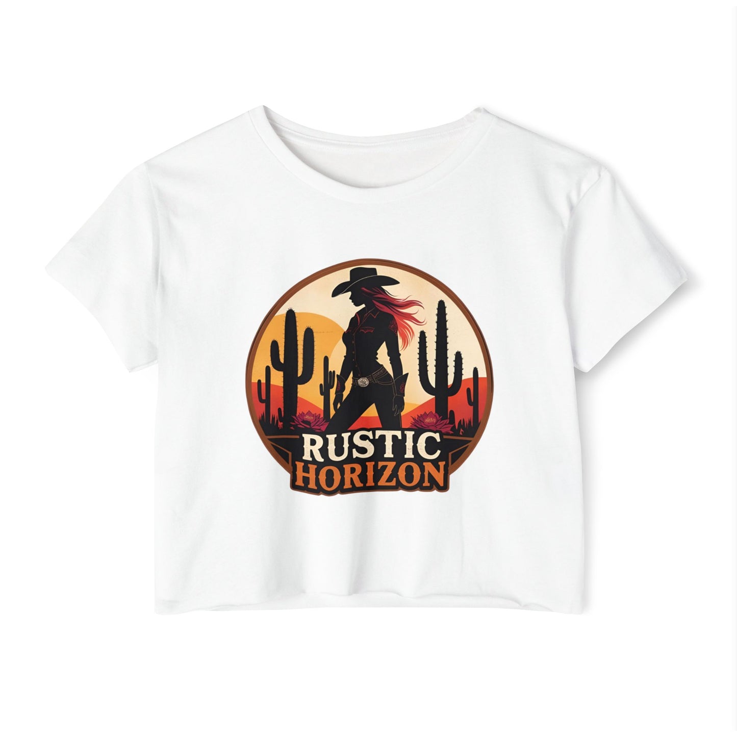 Rustic Horizon Cowgirl Women's Festival Crop Top - Boho Chic Graphic Tee for Music & Art Lovers