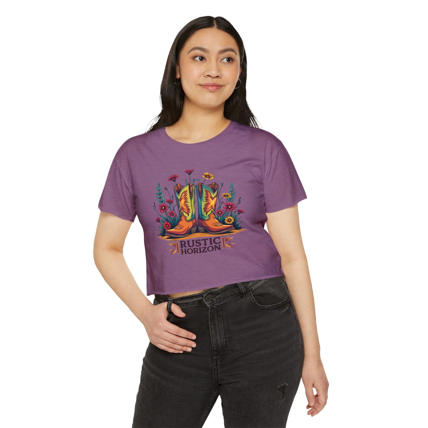 Rustic Horizon Boots & Flowers Women's Festival Crop Top - Boho Chic Graphic Tee for Music & Art Lovers