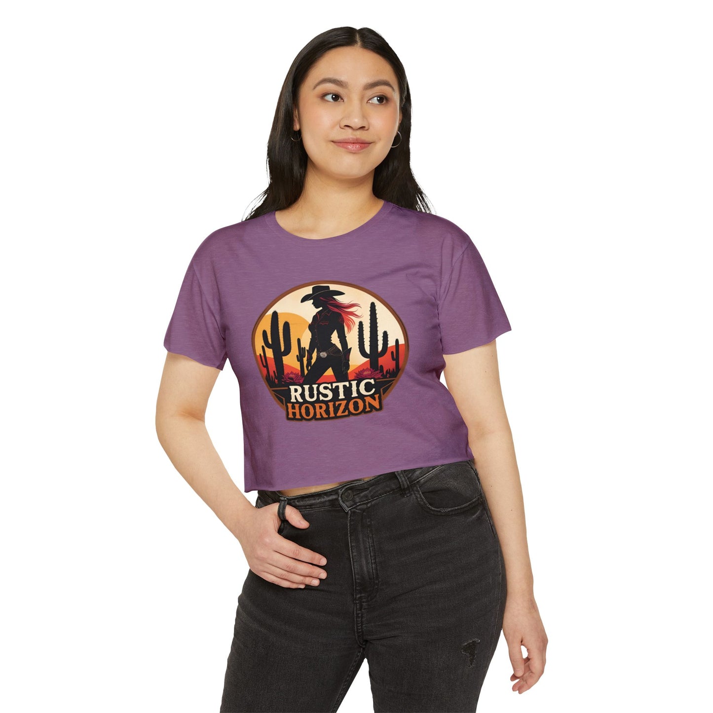 Rustic Horizon Cowgirl Women's Festival Crop Top - Boho Chic Graphic Tee for Music & Art Lovers