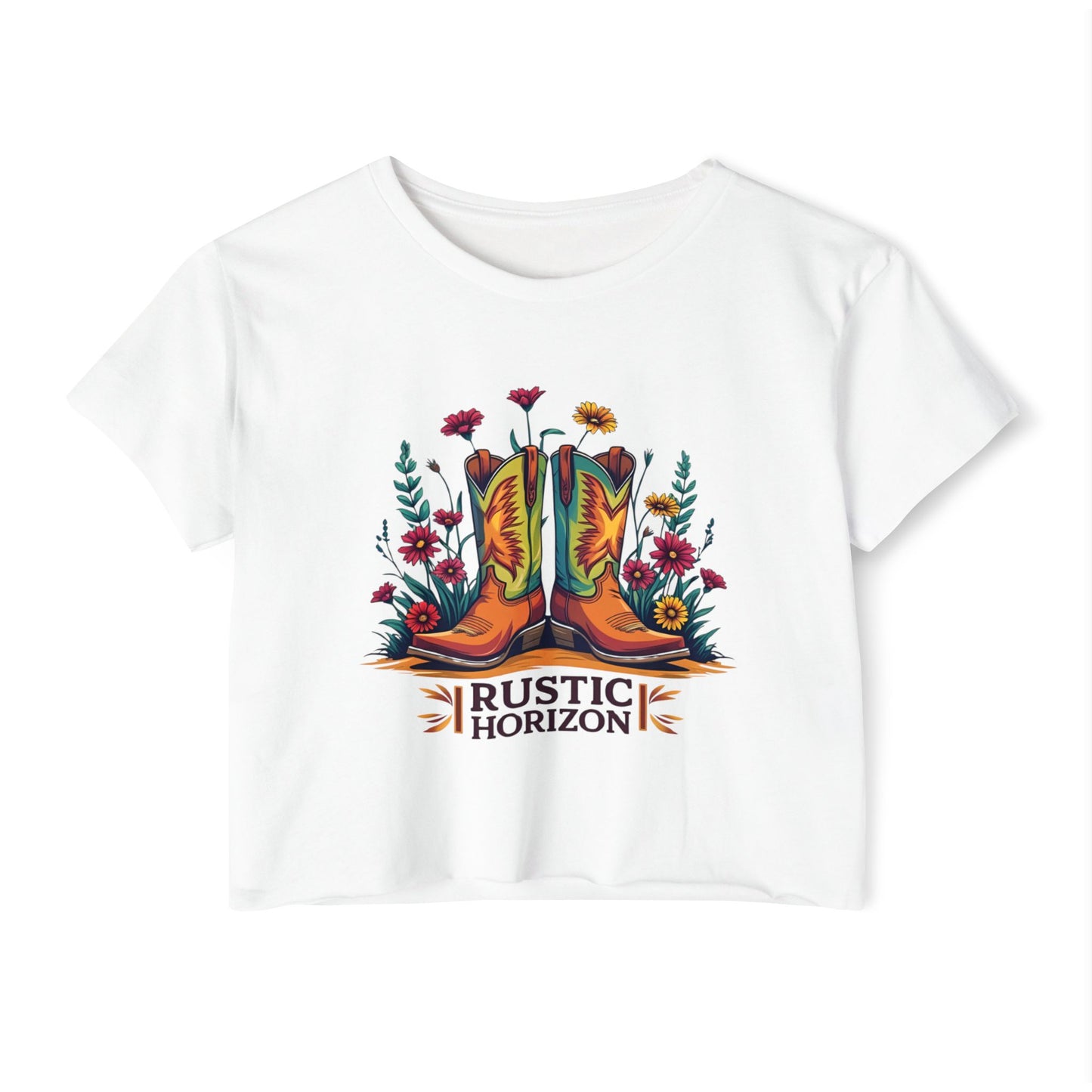 Rustic Horizon Boots & Flowers Women's Festival Crop Top - Boho Chic Graphic Tee for Music & Art Lovers