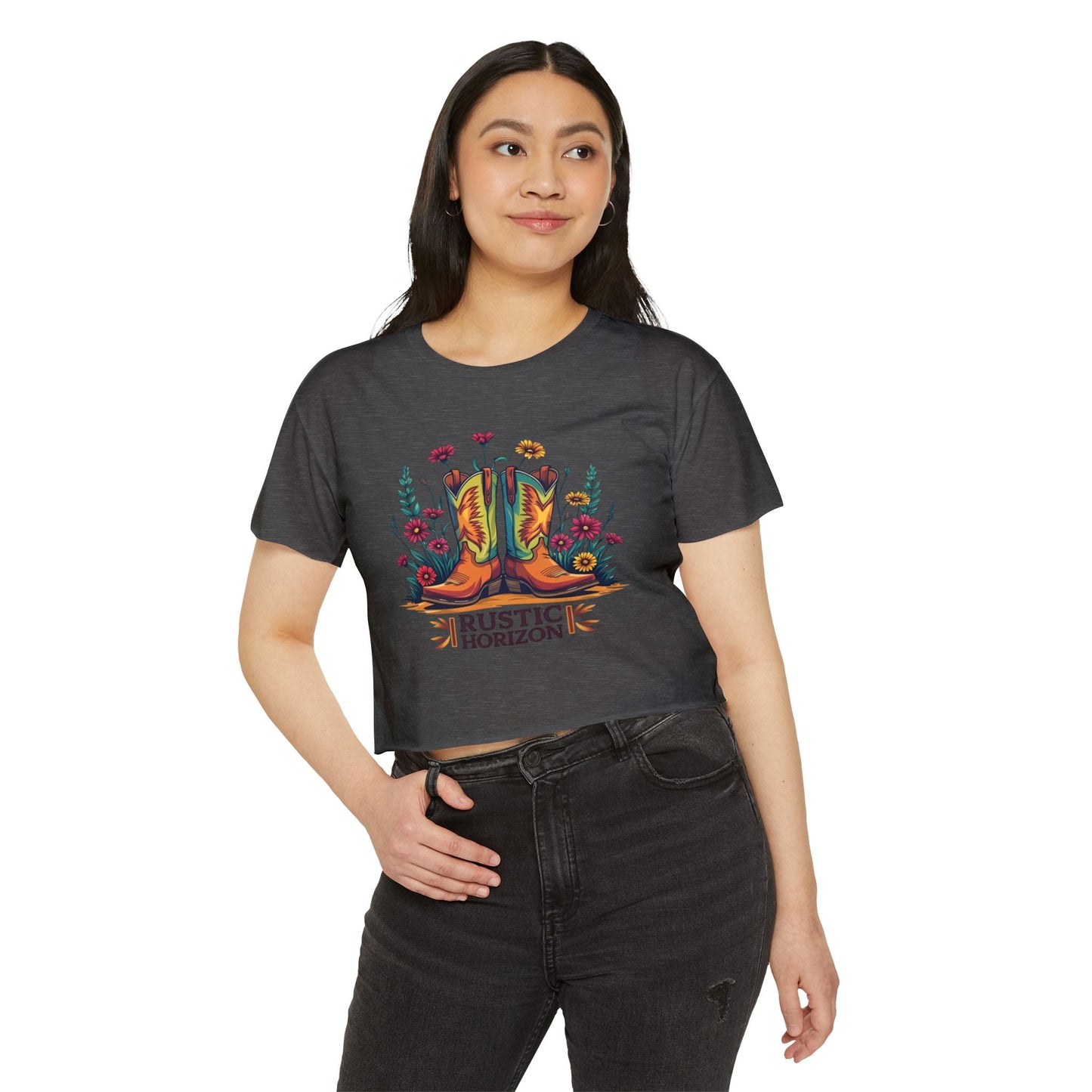Rustic Horizon Boots & Flowers Women's Festival Crop Top - Boho Chic Graphic Tee for Music & Art Lovers