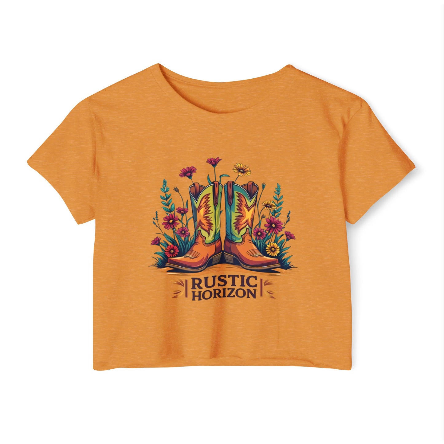 Rustic Horizon Boots & Flowers Women's Festival Crop Top - Boho Chic Graphic Tee for Music & Art Lovers