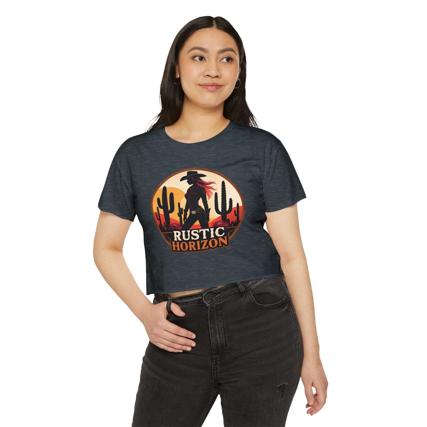Rustic Horizon Cowgirl Women's Festival Crop Top - Boho Chic Graphic Tee for Music & Art Lovers