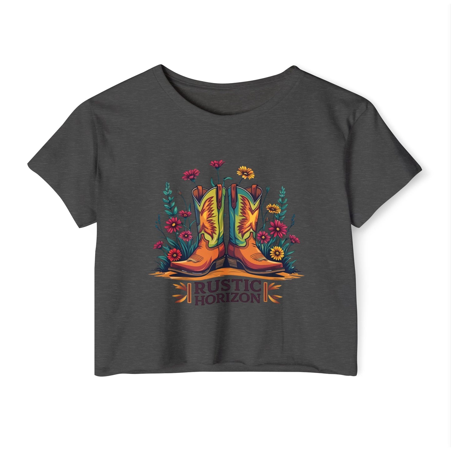 Rustic Horizon Boots & Flowers Women's Festival Crop Top - Boho Chic Graphic Tee for Music & Art Lovers