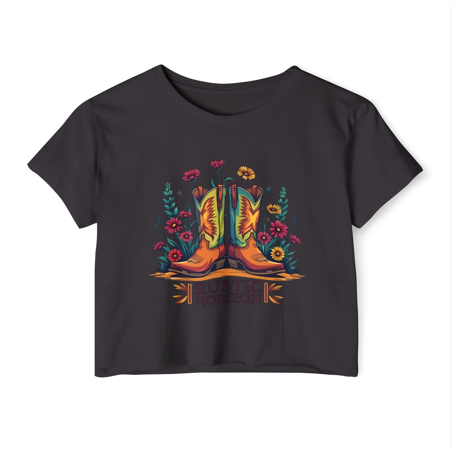 Rustic Horizon Boots & Flowers Women's Festival Crop Top - Boho Chic Graphic Tee for Music & Art Lovers