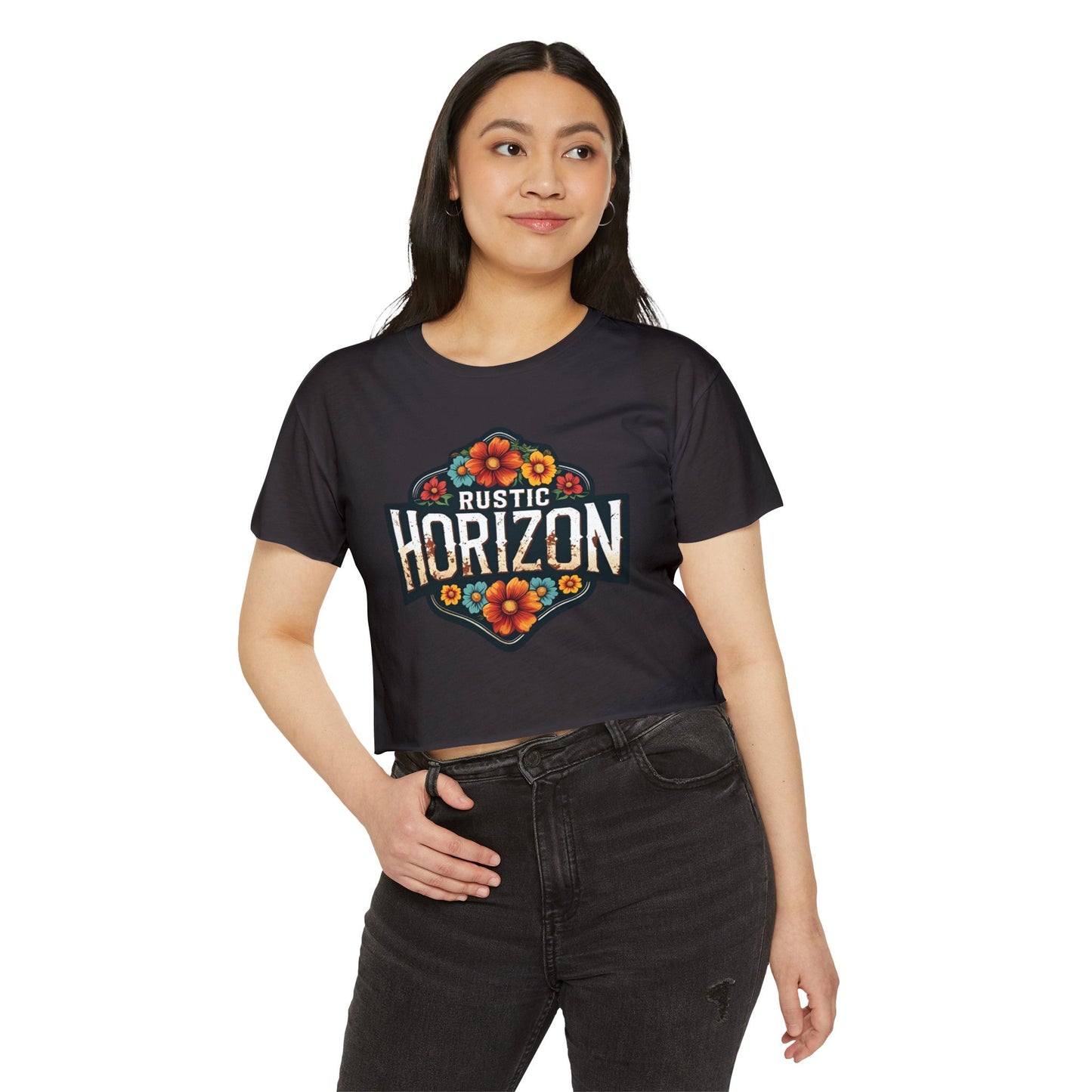 Rustic Horizon Flowers Women's Festival Crop Top - Boho Chic Graphic Tee for Music & Art Lovers