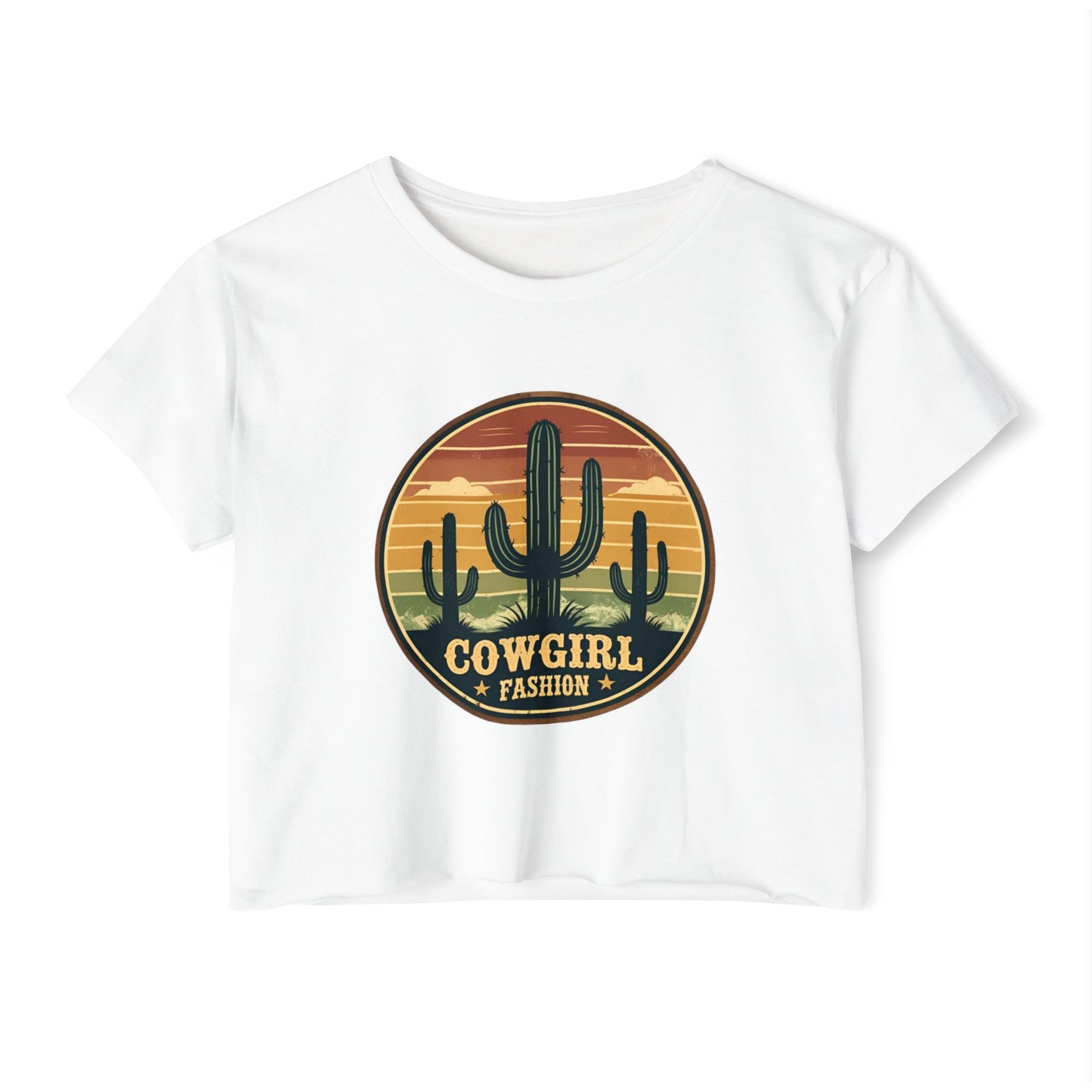 Rustic Horizon Cactus Women's Festival Crop Top - Boho Chic Graphic Tee for Music & Art Lovers