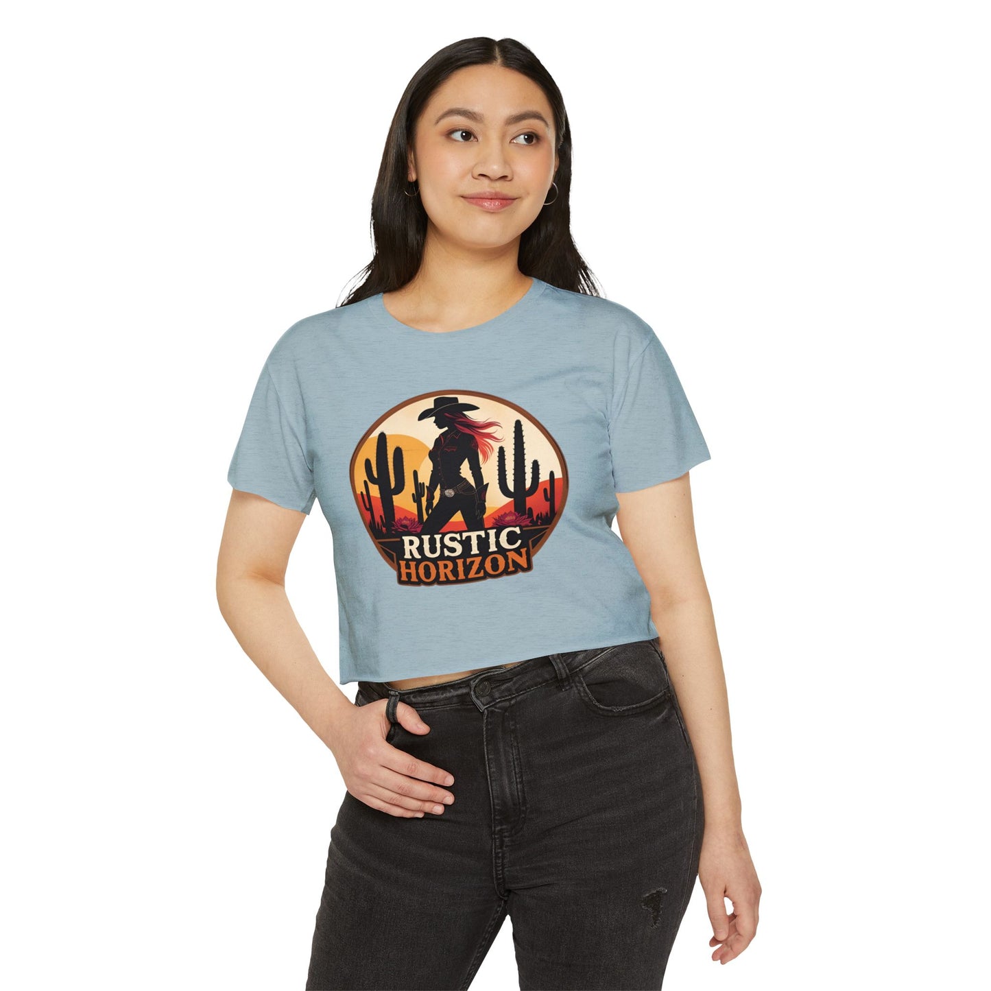 Rustic Horizon Cowgirl Women's Festival Crop Top - Boho Chic Graphic Tee for Music & Art Lovers