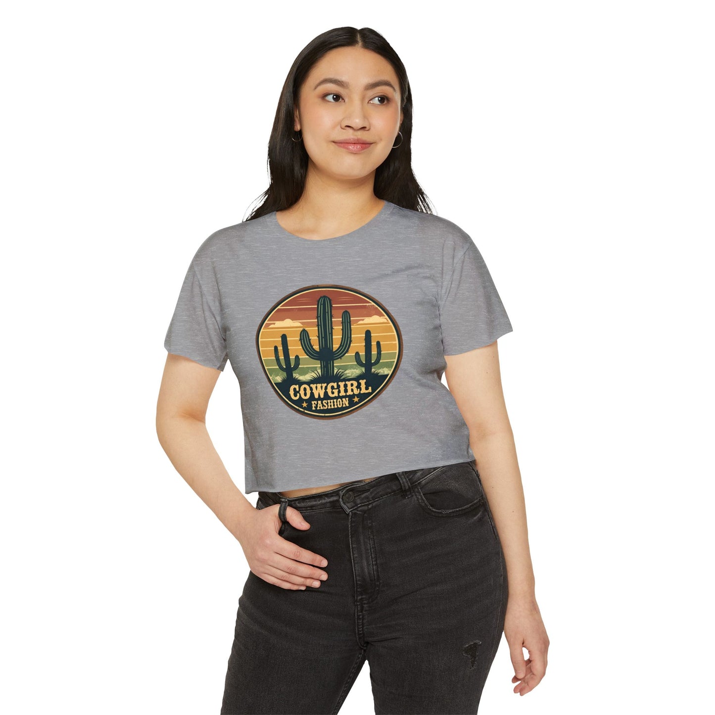 Rustic Horizon Cactus Women's Festival Crop Top - Boho Chic Graphic Tee for Music & Art Lovers
