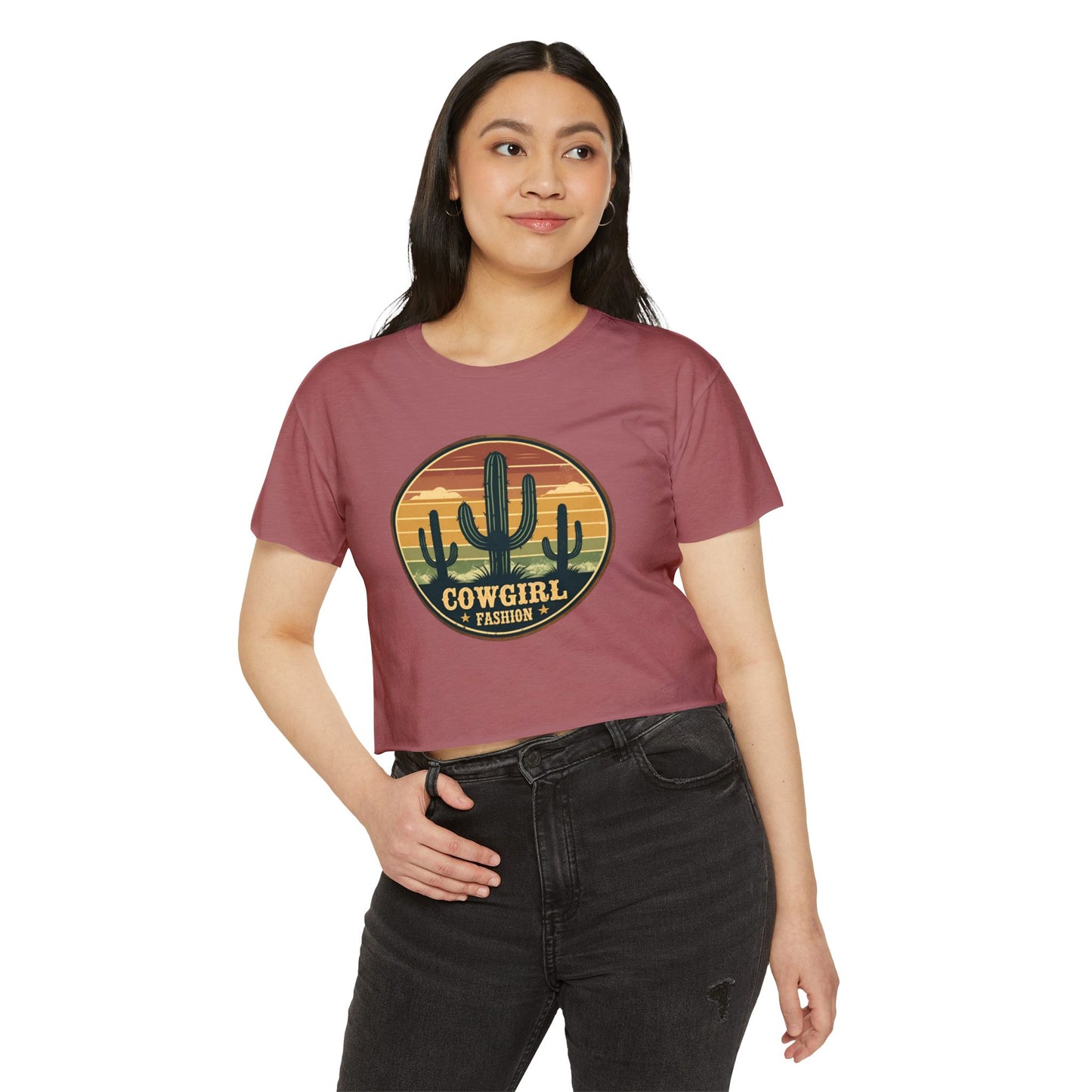 Rustic Horizon Cactus Women's Festival Crop Top - Boho Chic Graphic Tee for Music & Art Lovers