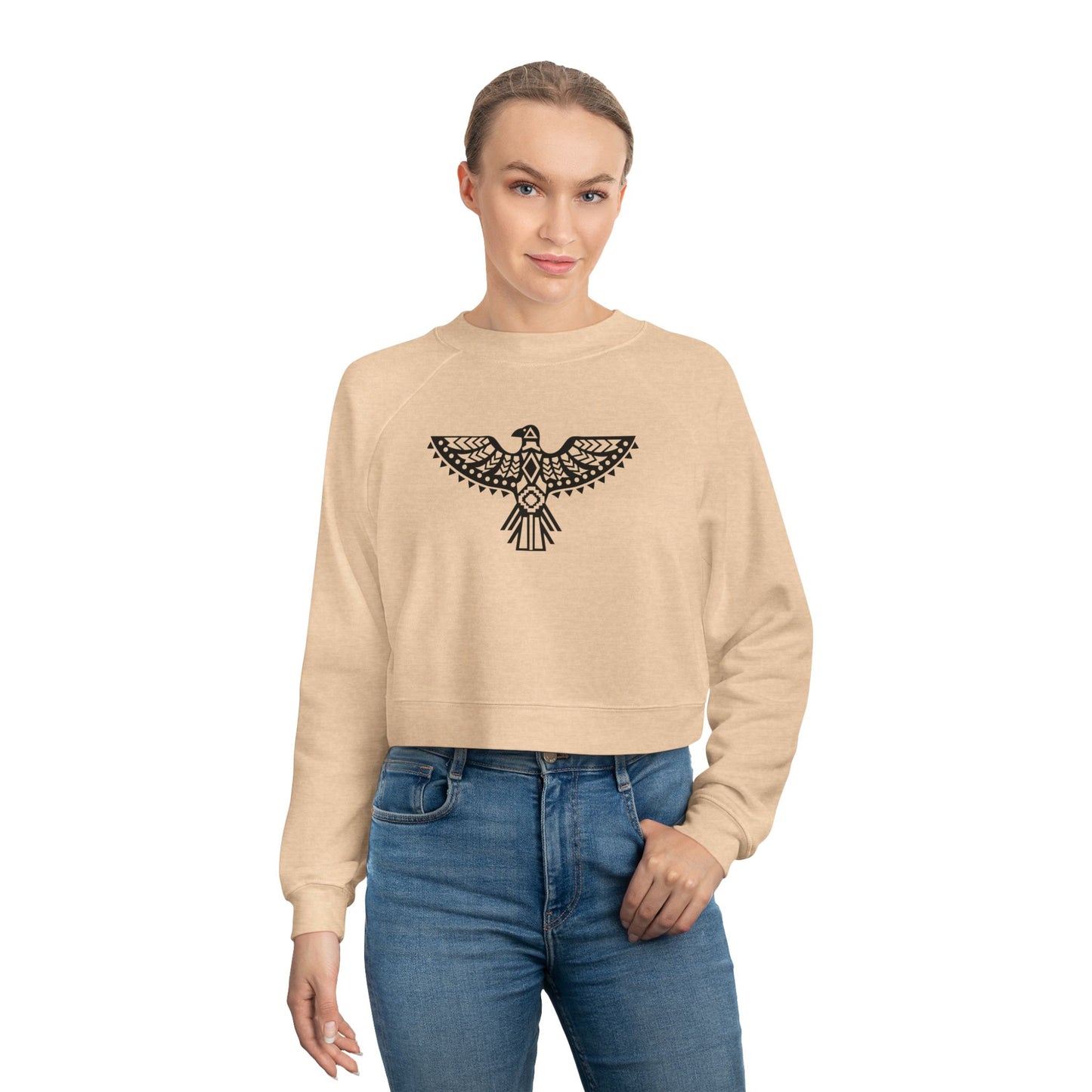 Women's Cropped Fleece Pullover with Eagle Graphic - Stylish and Cozy