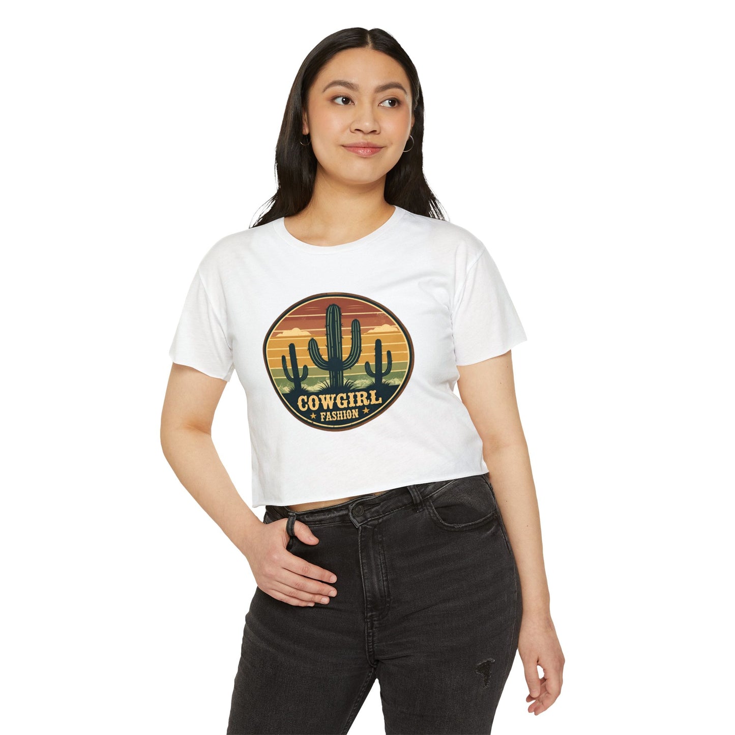 Rustic Horizon Cactus Women's Festival Crop Top - Boho Chic Graphic Tee for Music & Art Lovers