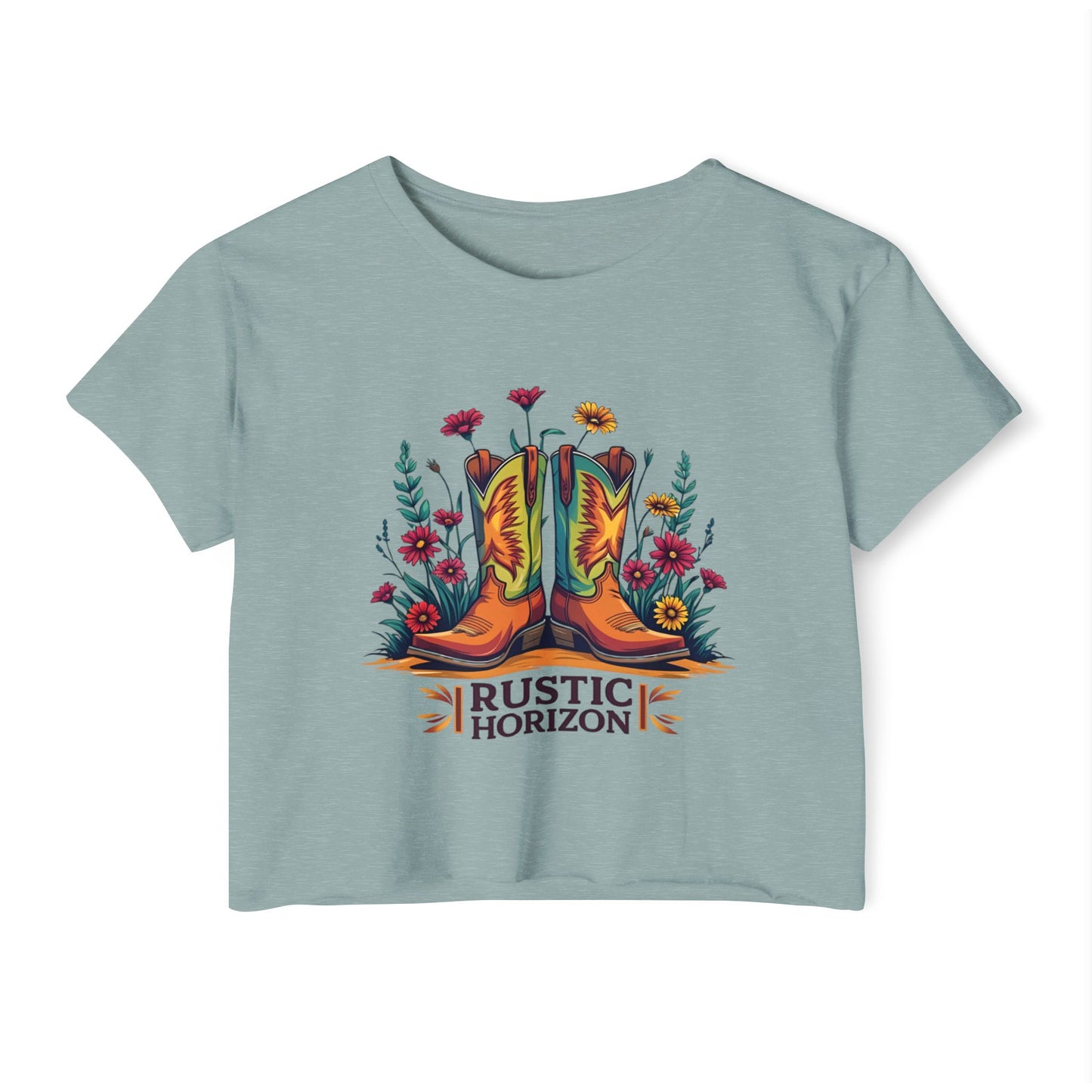 Rustic Horizon Boots & Flowers Women's Festival Crop Top - Boho Chic Graphic Tee for Music & Art Lovers