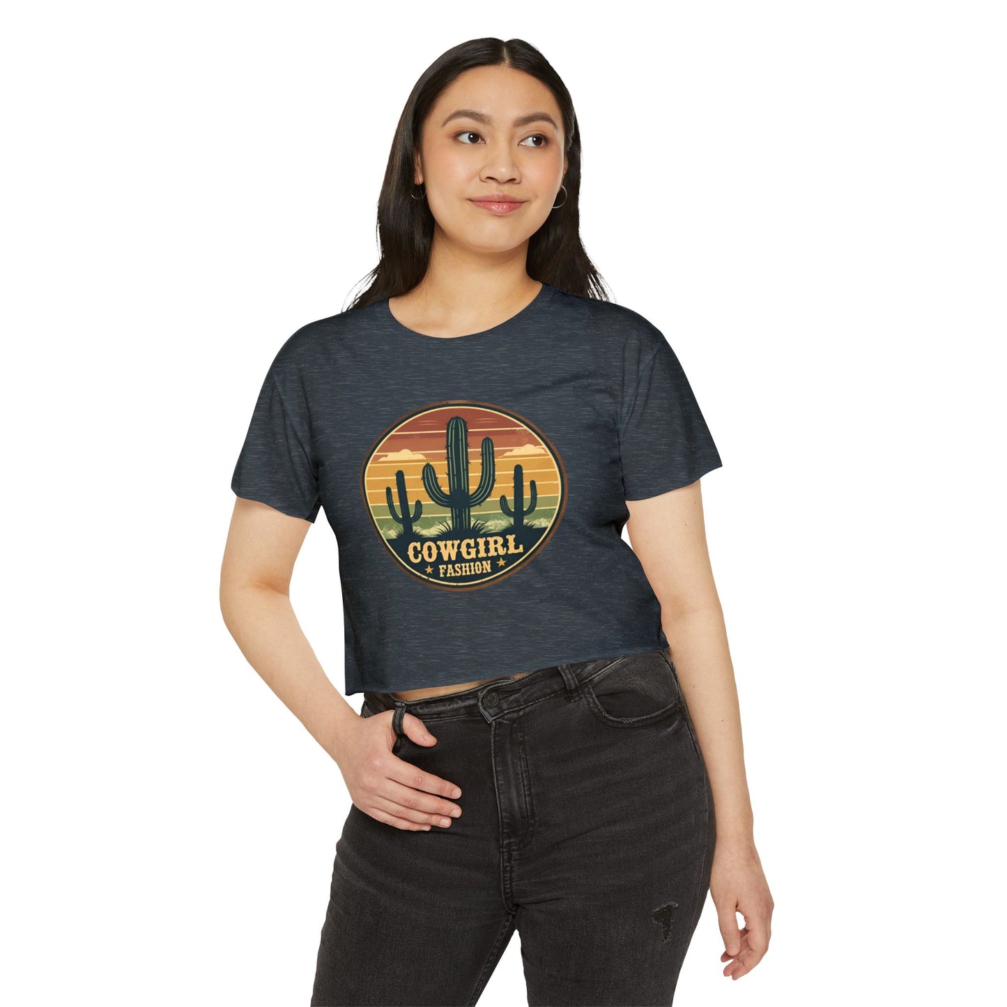 Rustic Horizon Cactus Women's Festival Crop Top - Boho Chic Graphic Tee for Music & Art Lovers
