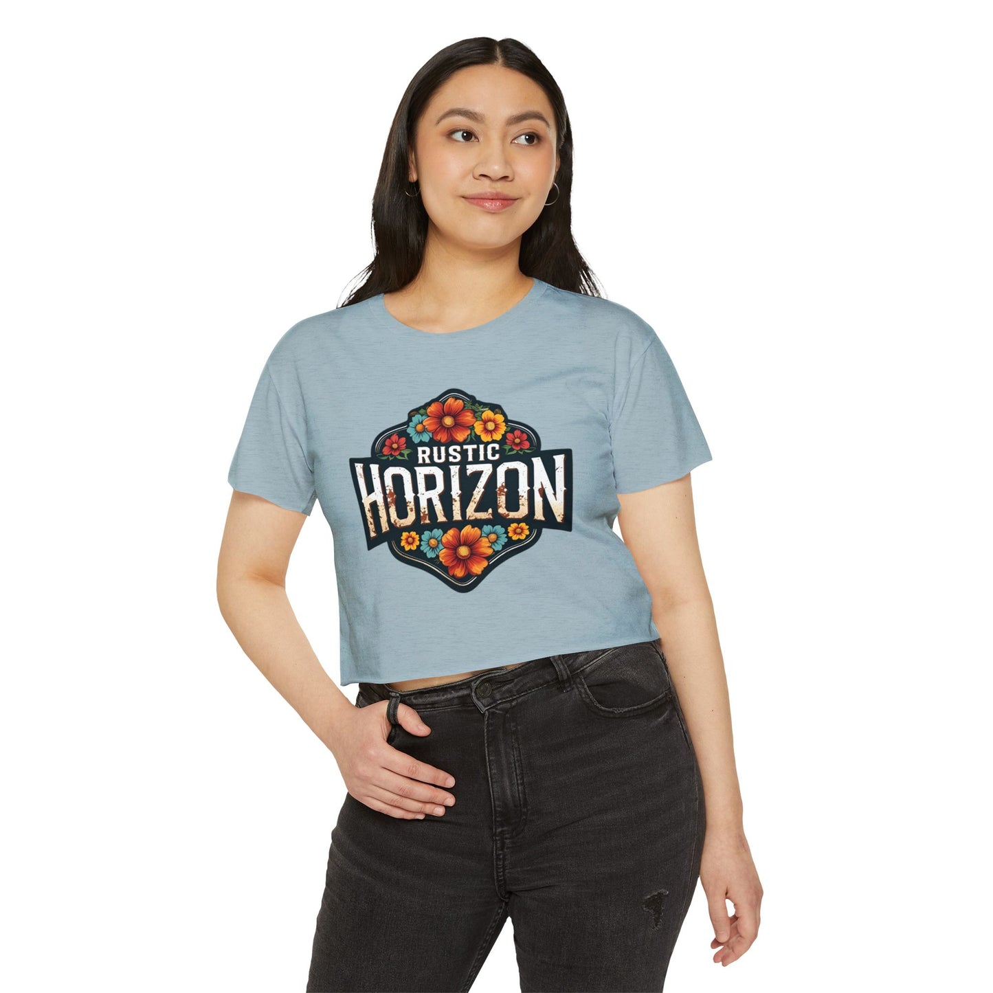 Rustic Horizon Flowers Women's Festival Crop Top - Boho Chic Graphic Tee for Music & Art Lovers