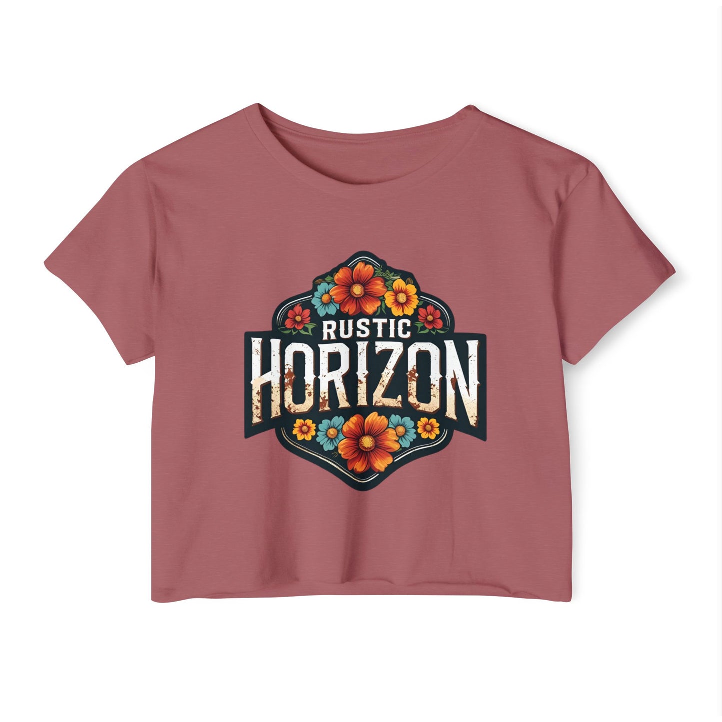 Rustic Horizon Flowers Women's Festival Crop Top - Boho Chic Graphic Tee for Music & Art Lovers