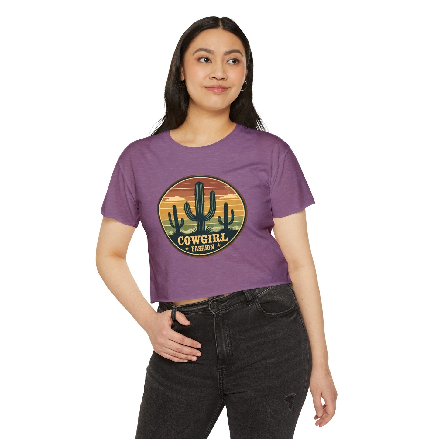 Rustic Horizon Cactus Women's Festival Crop Top - Boho Chic Graphic Tee for Music & Art Lovers
