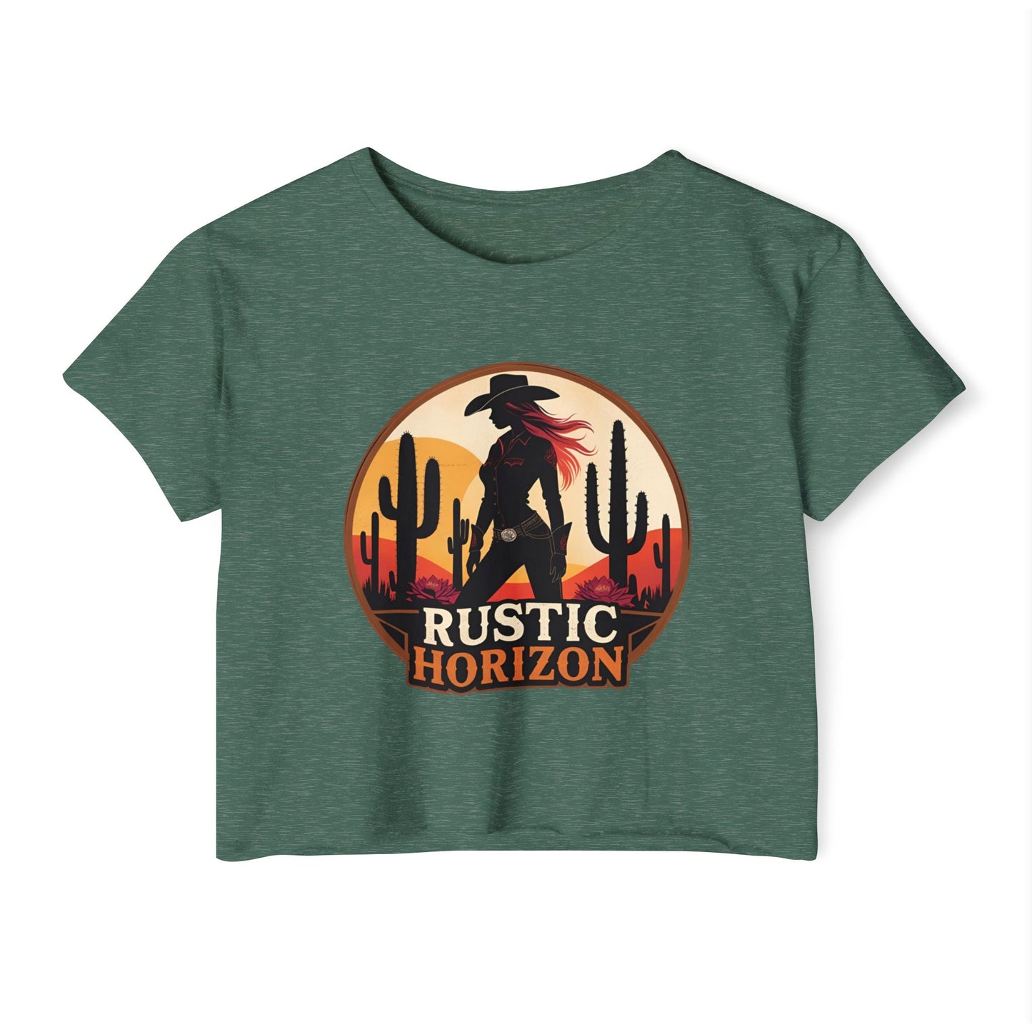 Rustic Horizon Cowgirl Women's Festival Crop Top - Boho Chic Graphic Tee for Music & Art Lovers