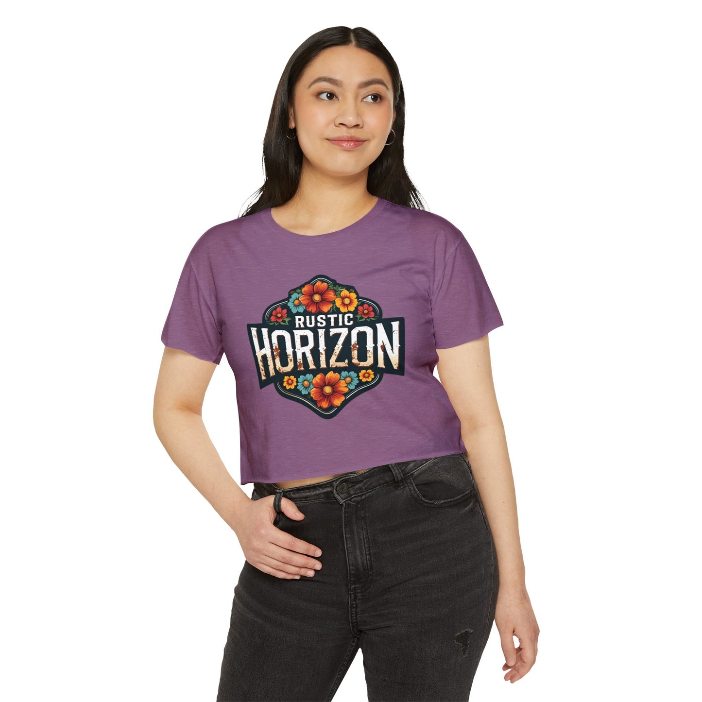 Rustic Horizon Flowers Women's Festival Crop Top - Boho Chic Graphic Tee for Music & Art Lovers