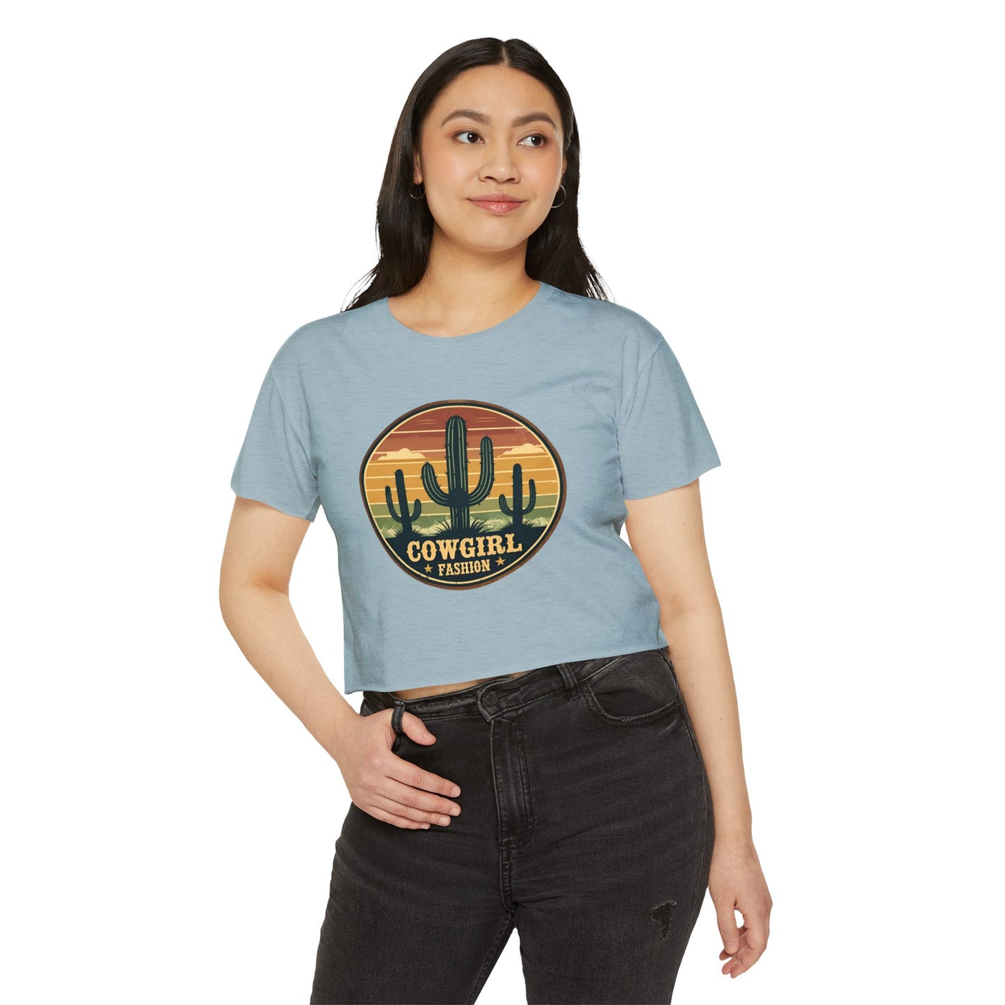 Rustic Horizon Cactus Women's Festival Crop Top - Boho Chic Graphic Tee for Music & Art Lovers