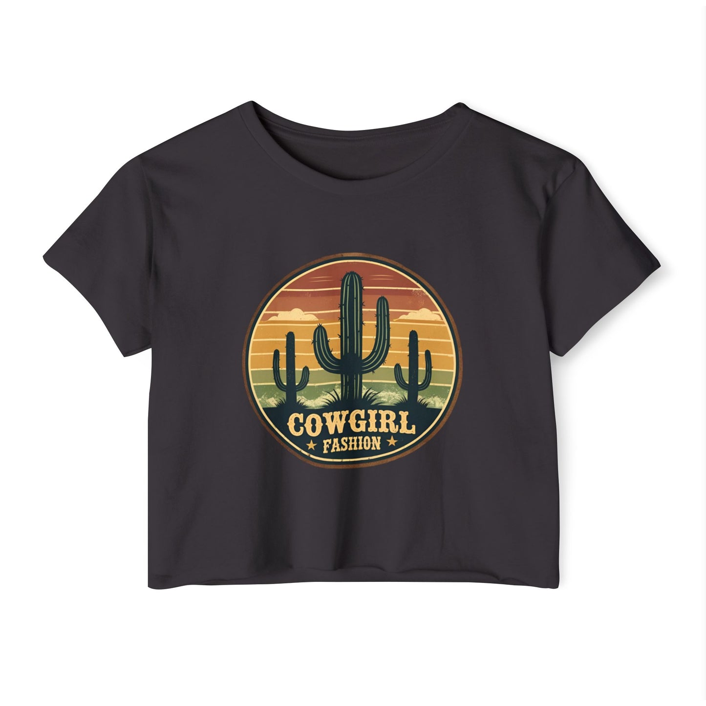 Rustic Horizon Cactus Women's Festival Crop Top - Boho Chic Graphic Tee for Music & Art Lovers