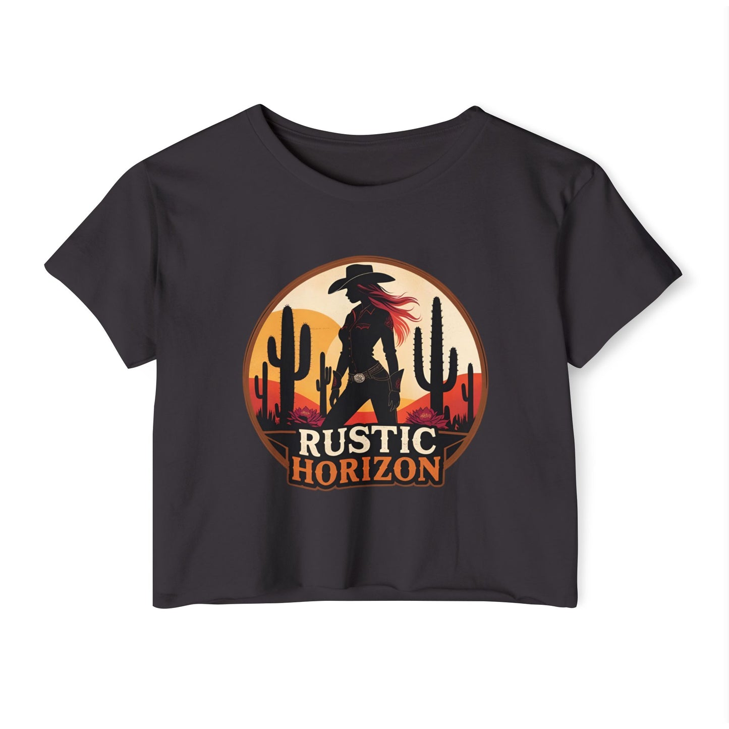 Rustic Horizon Cowgirl Women's Festival Crop Top - Boho Chic Graphic Tee for Music & Art Lovers
