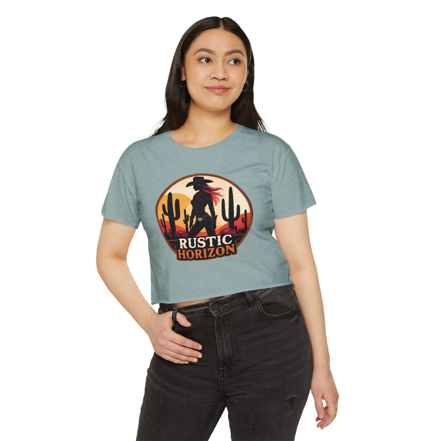 Rustic Horizon Cowgirl Women's Festival Crop Top - Boho Chic Graphic Tee for Music & Art Lovers