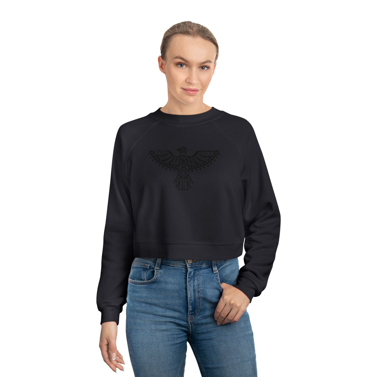 Women's Cropped Fleece Pullover with Eagle Graphic - Stylish and Cozy