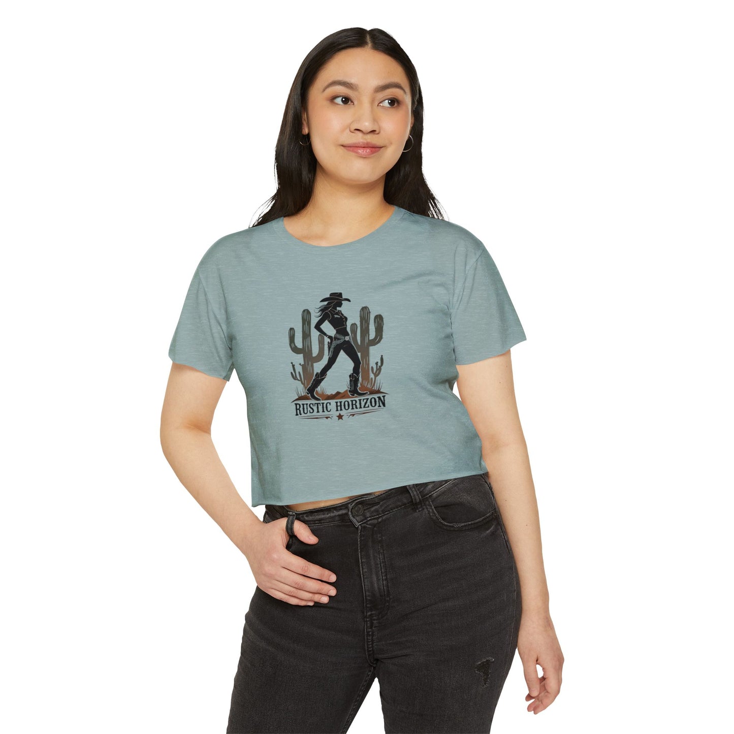 Rustic Horizon Women's Festival Crop Top - Boho Chic Graphic Tee for Music & Art Lovers
