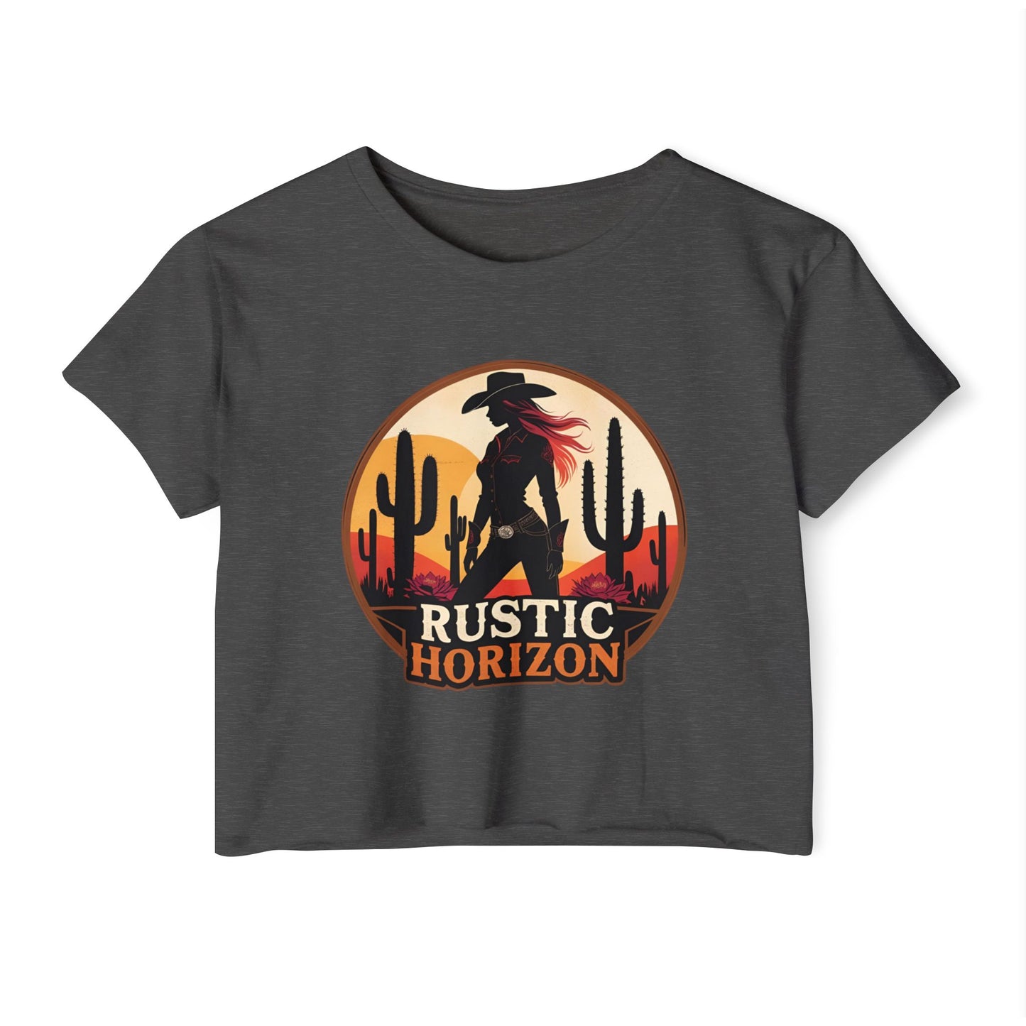 Rustic Horizon Cowgirl Women's Festival Crop Top - Boho Chic Graphic Tee for Music & Art Lovers