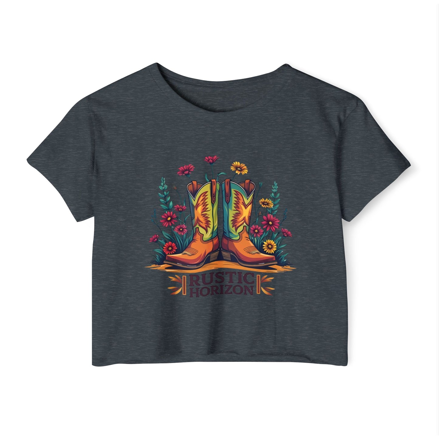 Rustic Horizon Boots & Flowers Women's Festival Crop Top - Boho Chic Graphic Tee for Music & Art Lovers