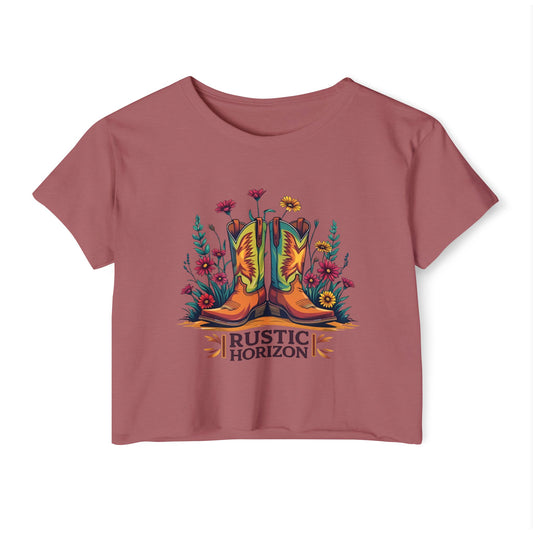 Rustic Horizon Boots & Flowers Women's Festival Crop Top - Boho Chic Graphic Tee for Music & Art Lovers