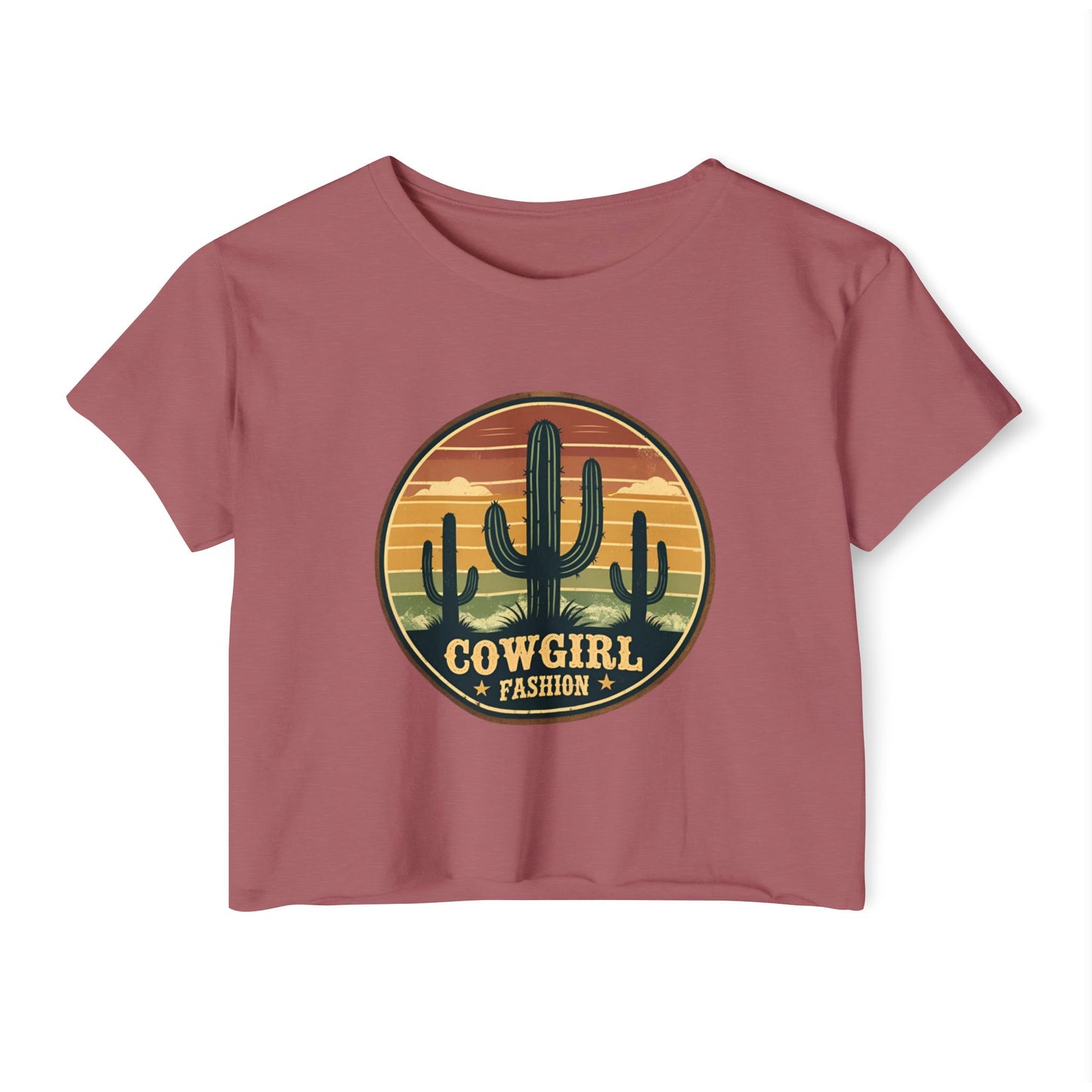 Rustic Horizon Cactus Women's Festival Crop Top - Boho Chic Graphic Tee for Music & Art Lovers