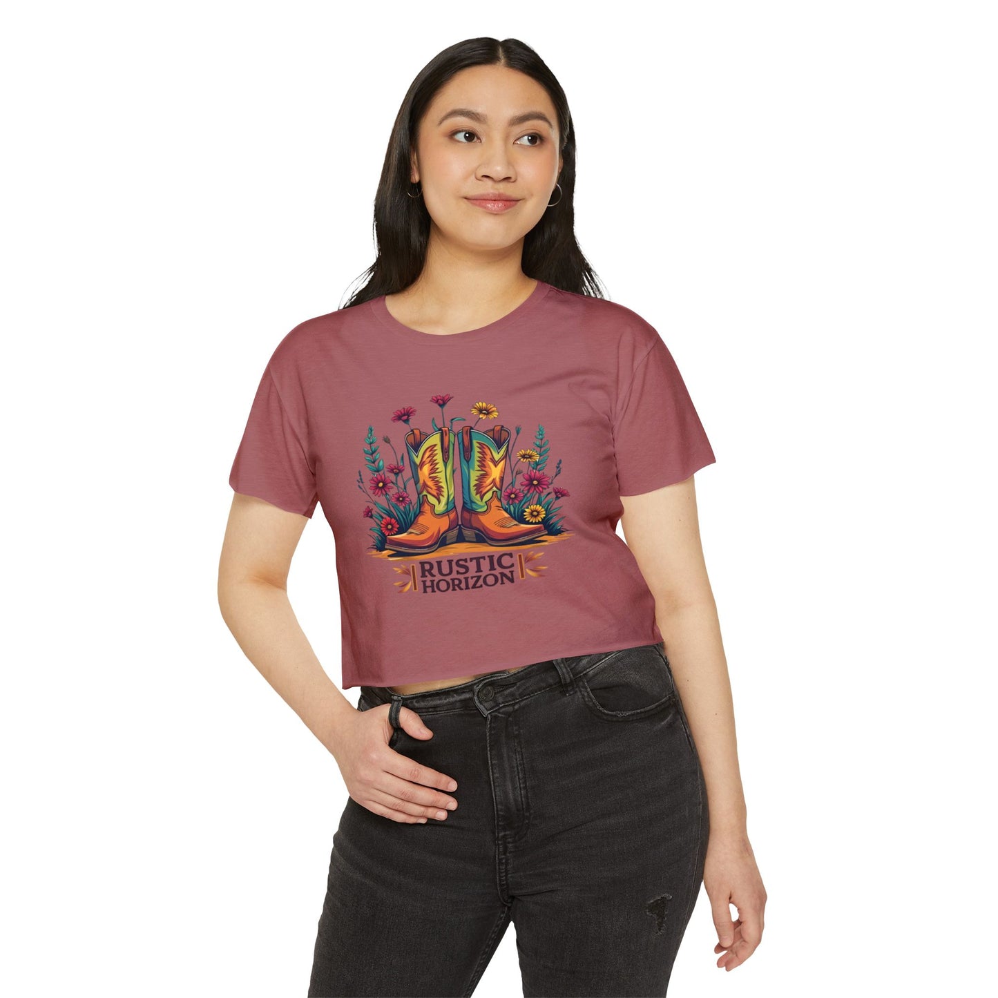 Rustic Horizon Boots & Flowers Women's Festival Crop Top - Boho Chic Graphic Tee for Music & Art Lovers