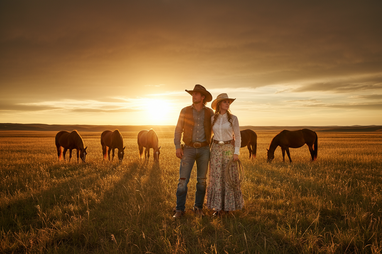 Bannière western avec cowboy, cowgirl et chevaux au coucher de soleil